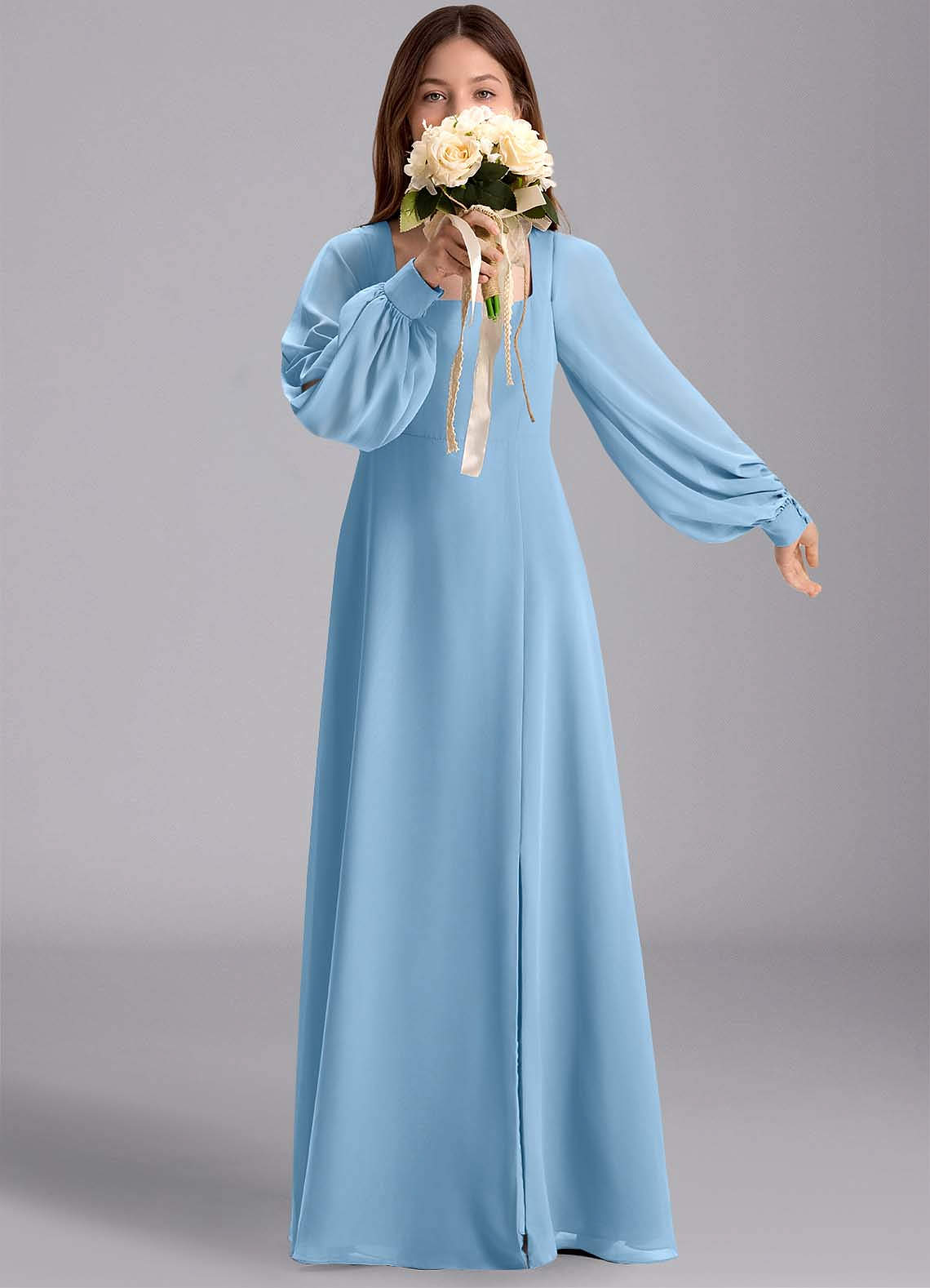 Azazie Bondi Junior Abito A-Line in Chiffon Blusa Blu Acciaio image1