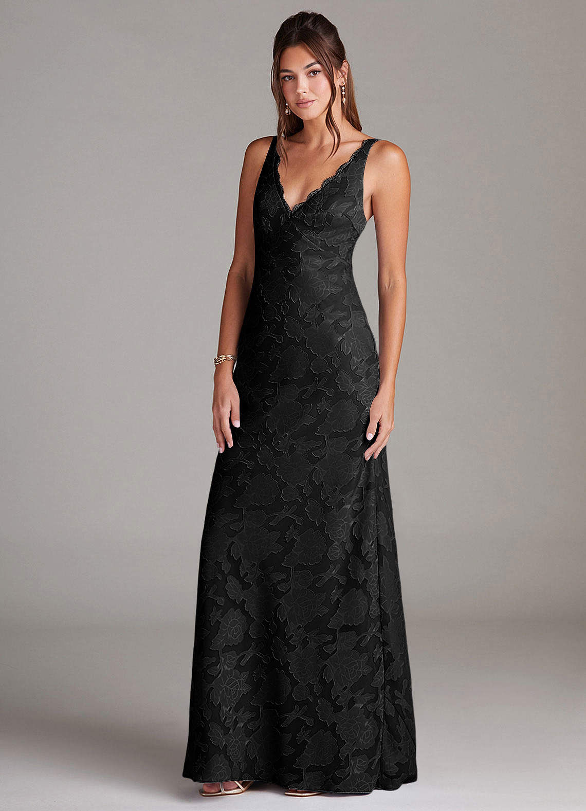 Azazie Tianna Vestidos de damas de honor Vestido de Negro de Devorado Floral de Corte Recto con Encaje image3