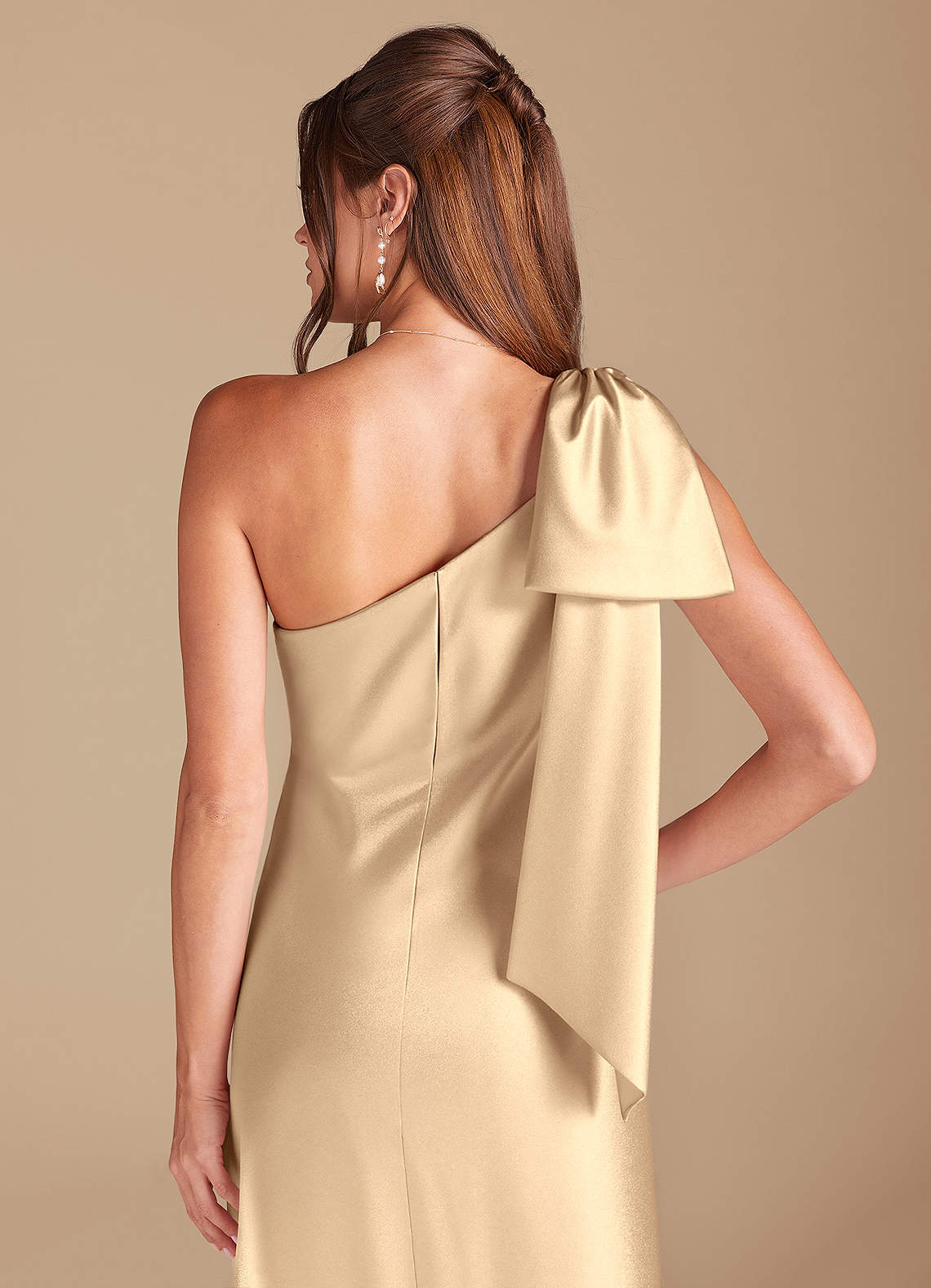 gold backless bridesmaid dress Azazie Sheath One-Shoulder Floor-Length Metallic Satin Dresses Size:XL / 10-12 color_Ivory Why I Can't Wear Open back