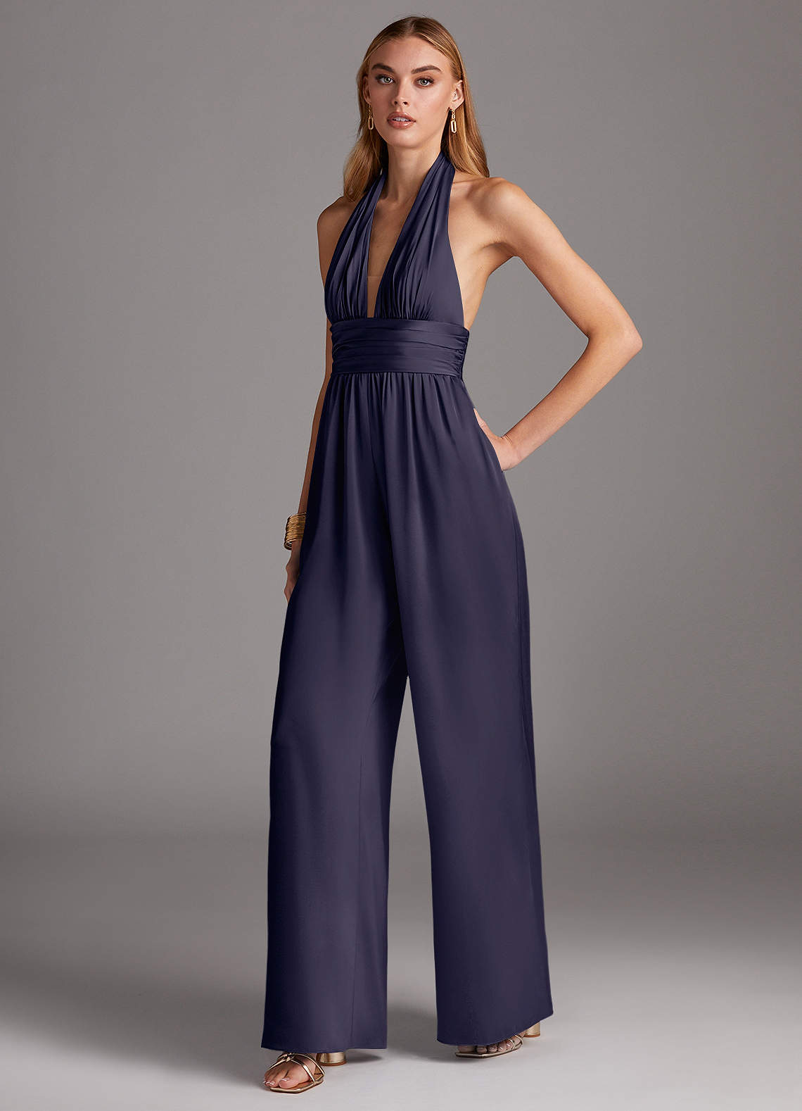 Azazie Oli Jurken voor bruidsmeisjes Jumpsuit van Stretch Satijn Geplooid Stormachtig image1