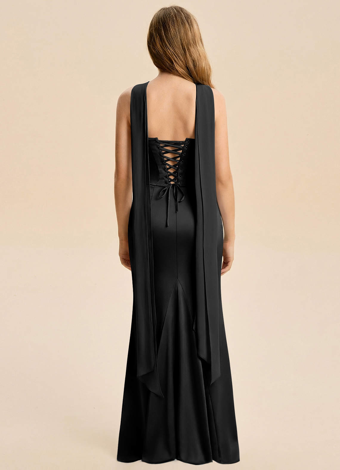 Azazie Sorrel Junior Black Mermaid Ruched Stretch Satin Dress image1