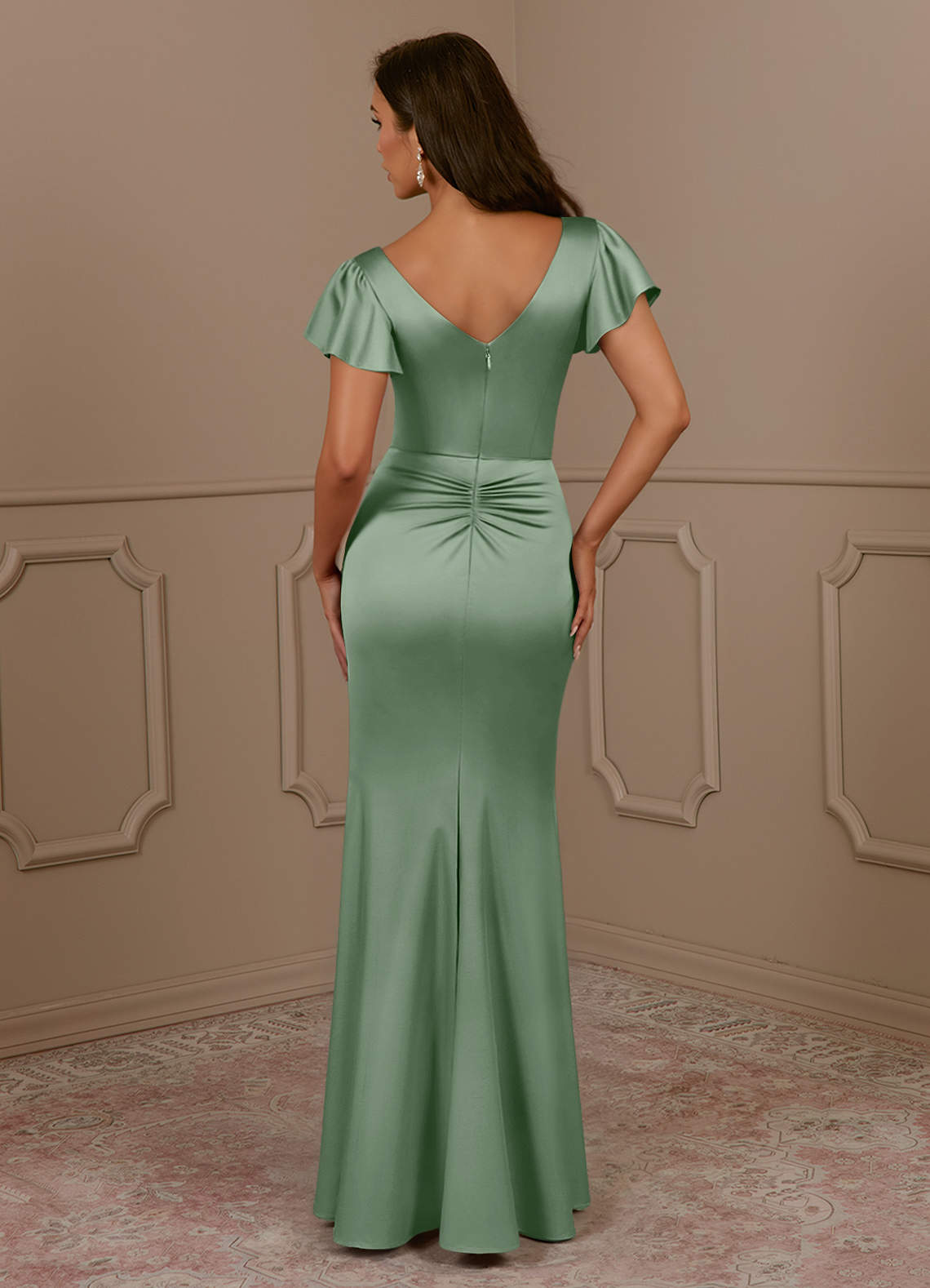 Azazie Roya Mother of the Bride Dresses Matcha Mermaid V-Neck Pleated Stretch Satin Dress image3