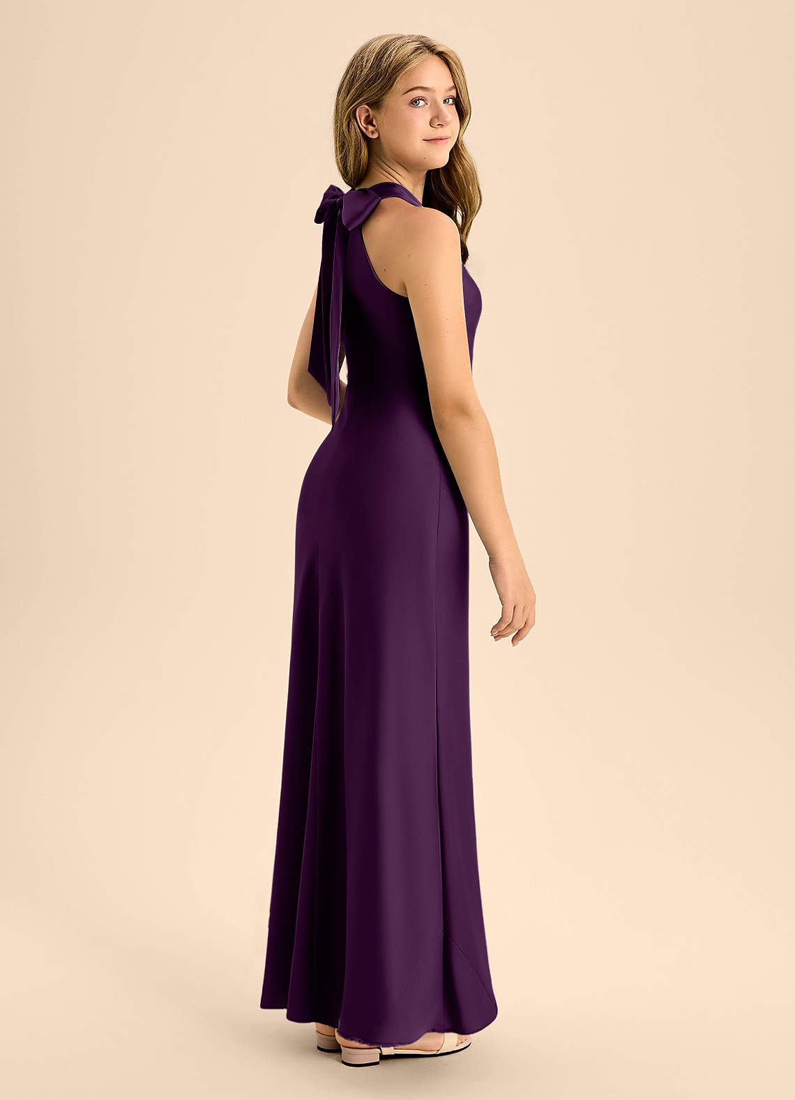 Azazie Doretta Junior Grape A-Line Pleated Stretch Satin Dress image1