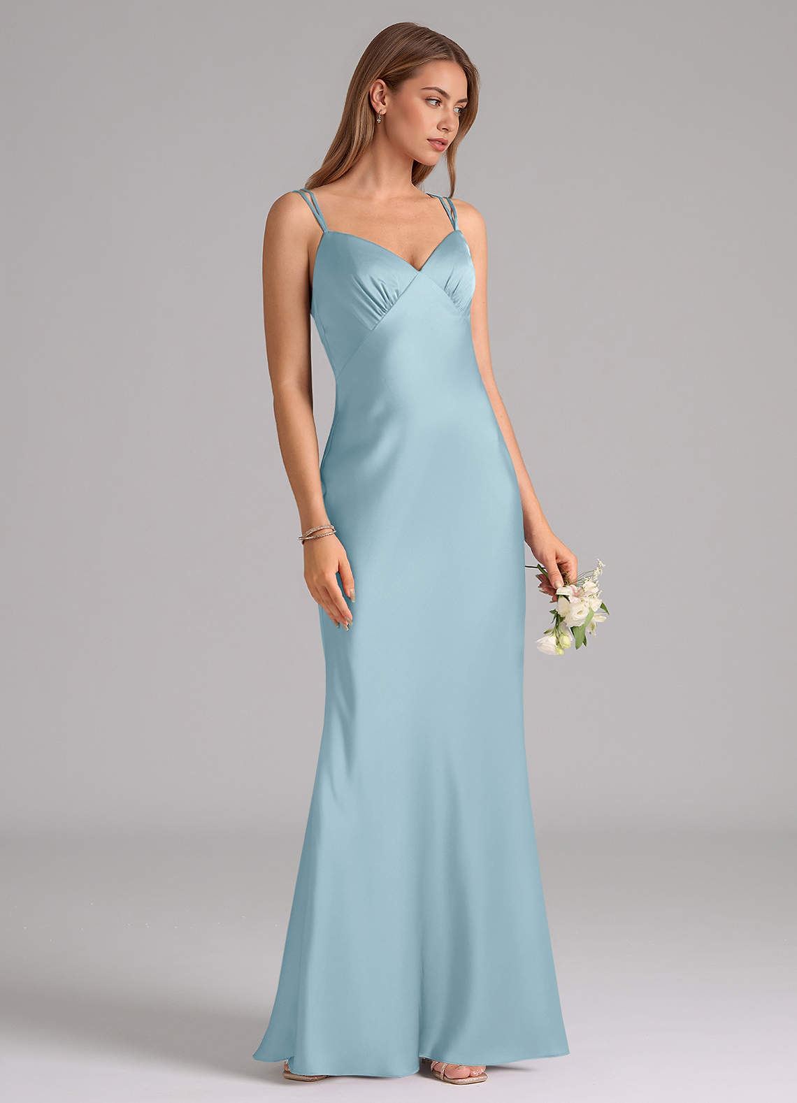 Azazie Suttona Vestidos de damas de honor Vestido de Azul Malhumorado de Satén Elástico de Corte en A con Plisado image1