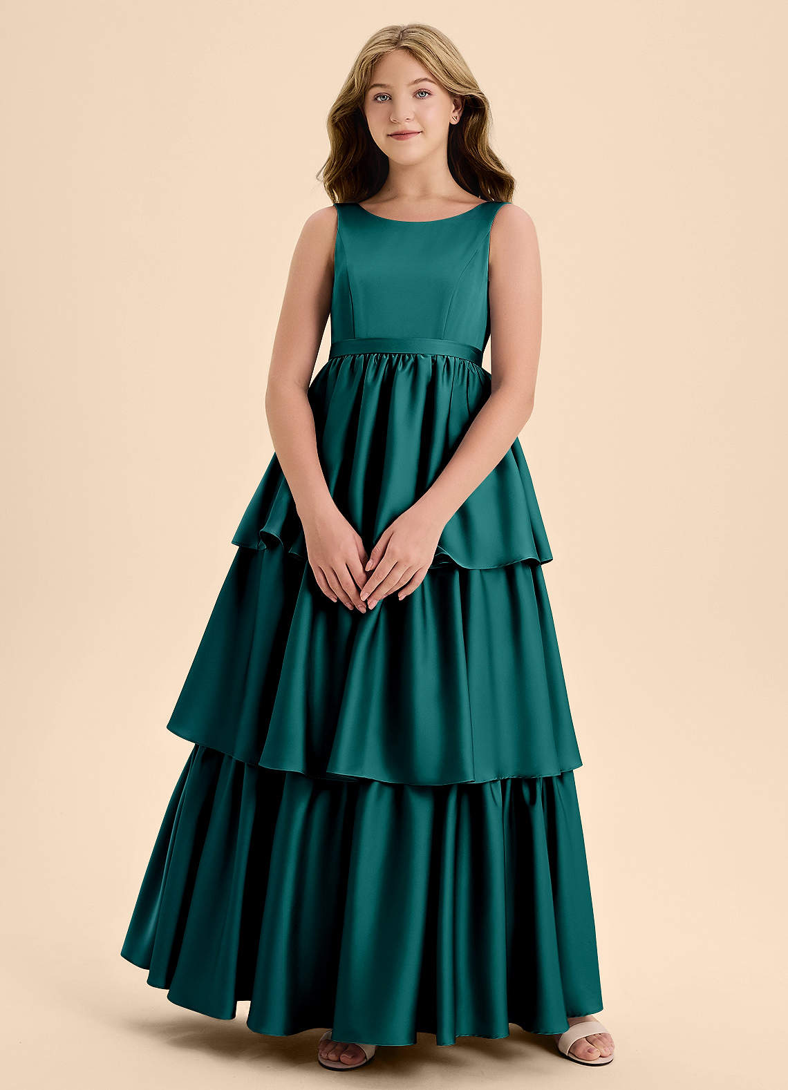 Azazie Meadowyn Junior Abito A-Line in Raso Elasticizzato Fiocco Verde Pavone image1