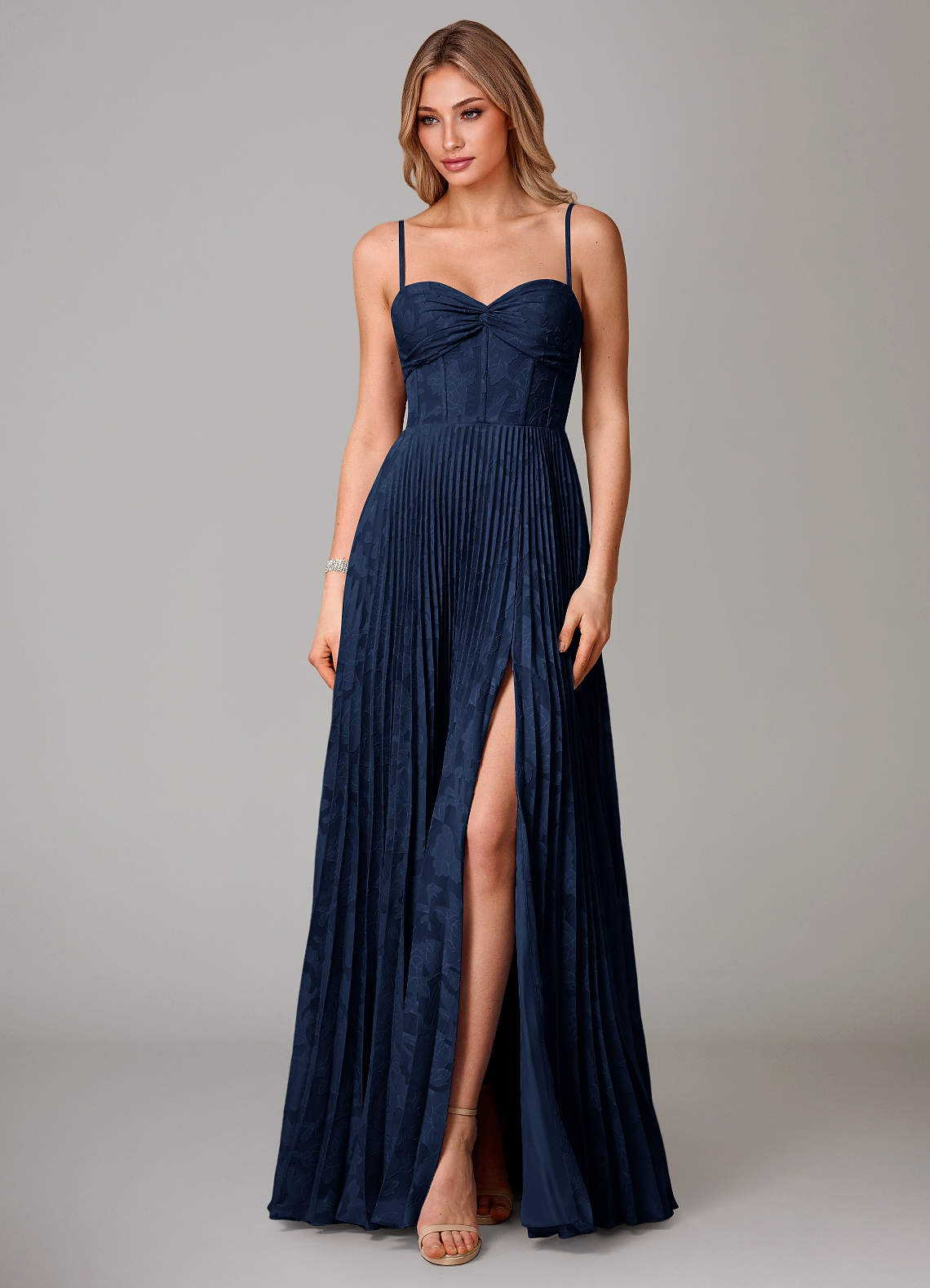 Azazie Akiko At-home Try On Dresses Dark Navy A-Line Sweetheart Neckline Floral Burnout Dress image2