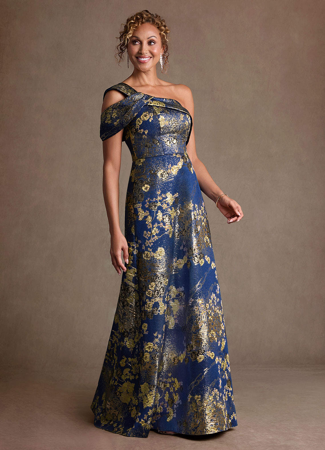 navy pleated floral dress Azazie Yeshe