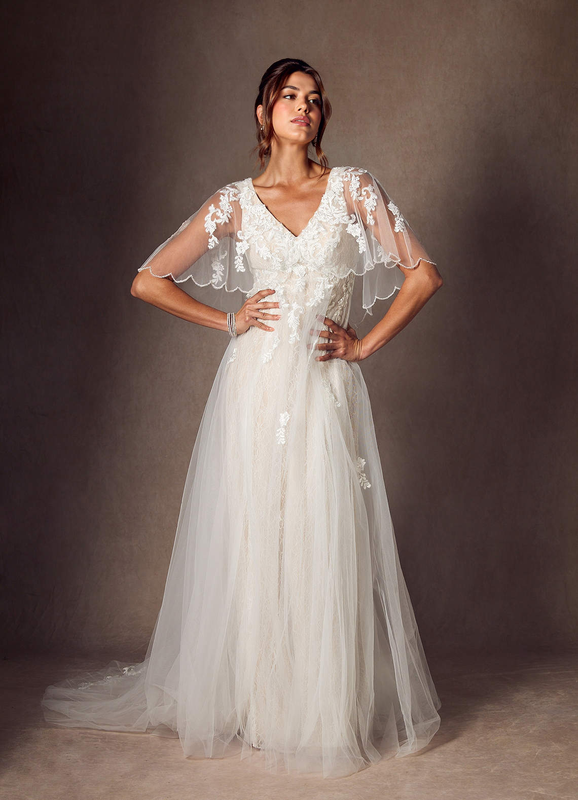 Azazie Renesmee Wedding Dresses Diamond White Champagne A-Line Sequins Tulle Dress image6