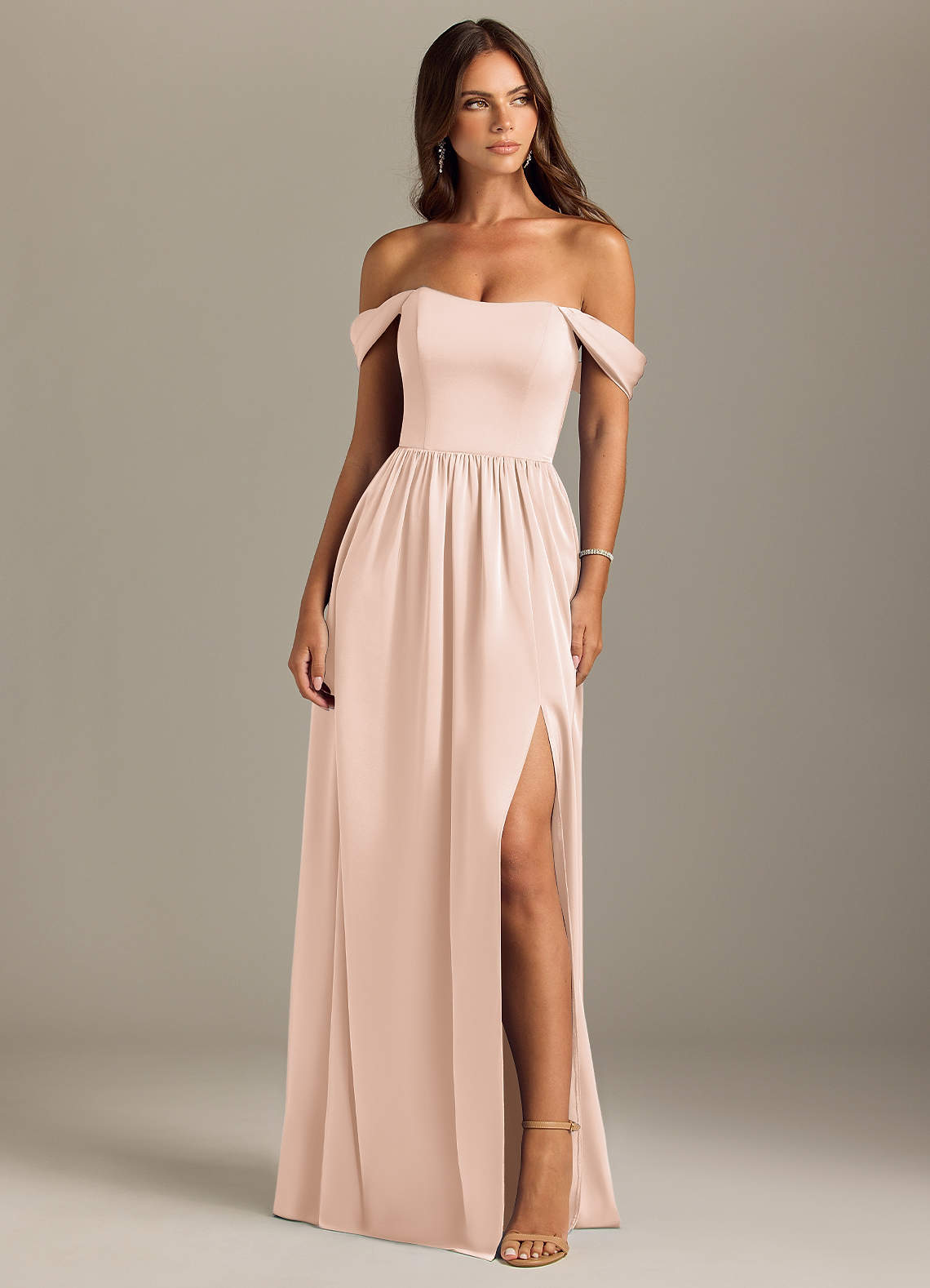 Azazie Calianna Bridesmaid Dresses Blushing Pink A-Line Off the Shoulder Stretch Satin Convertible Dress image1