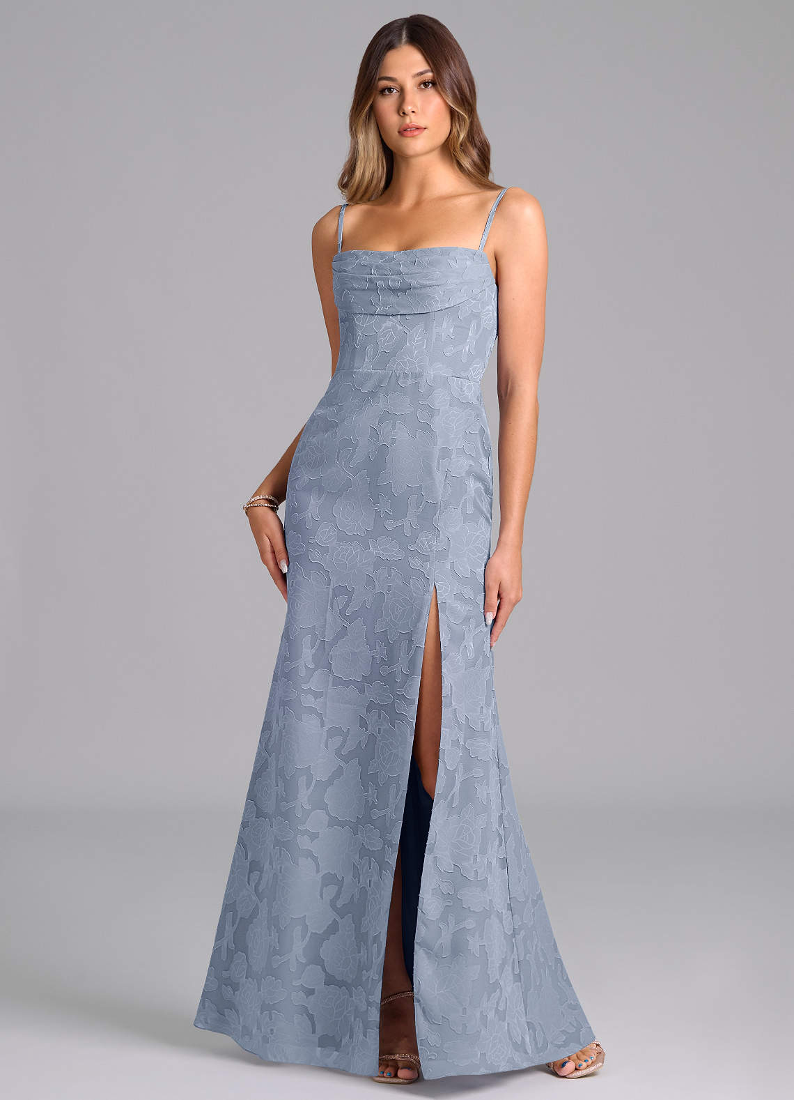 Azazie Saige At-home Try On Dresses Dusty Blue A-Line Off the Shoulder Floral Burnout Convertible Dress image2