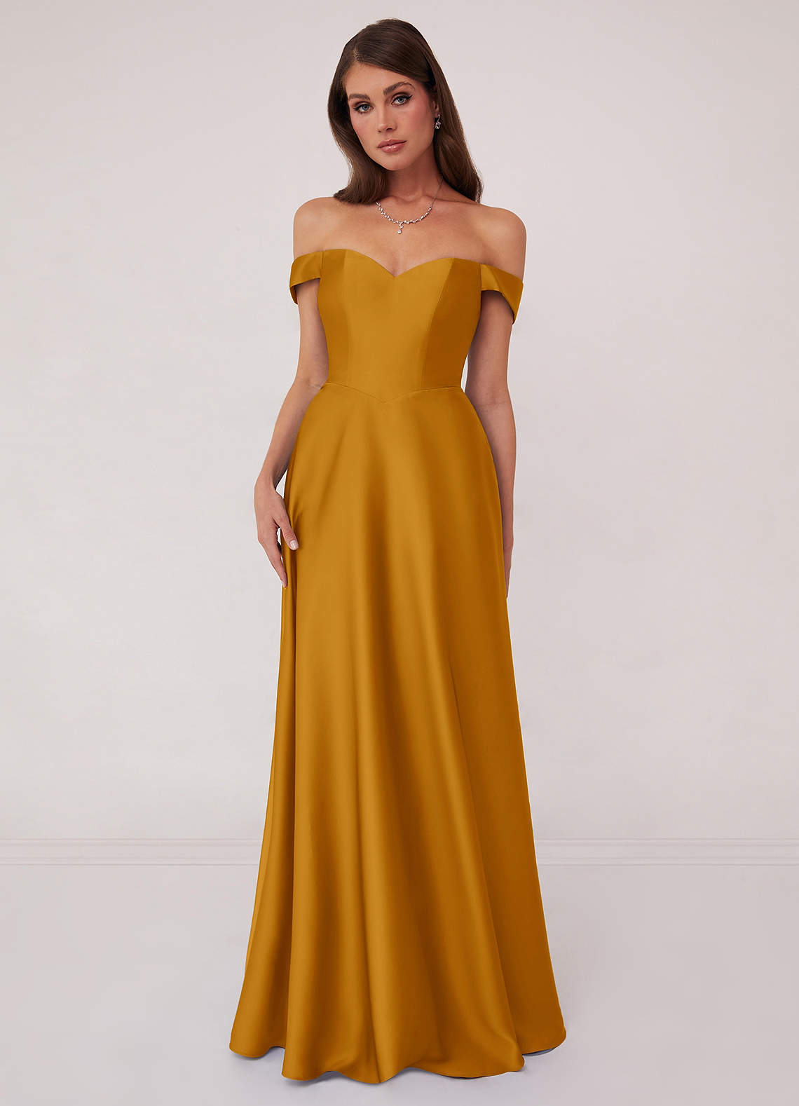 Barbie ♥ Azazie Robes de demoiselle d'honneur Robe Trapèze Convertible en Satin extensible Épaule décolletée Caramel écossais image1
