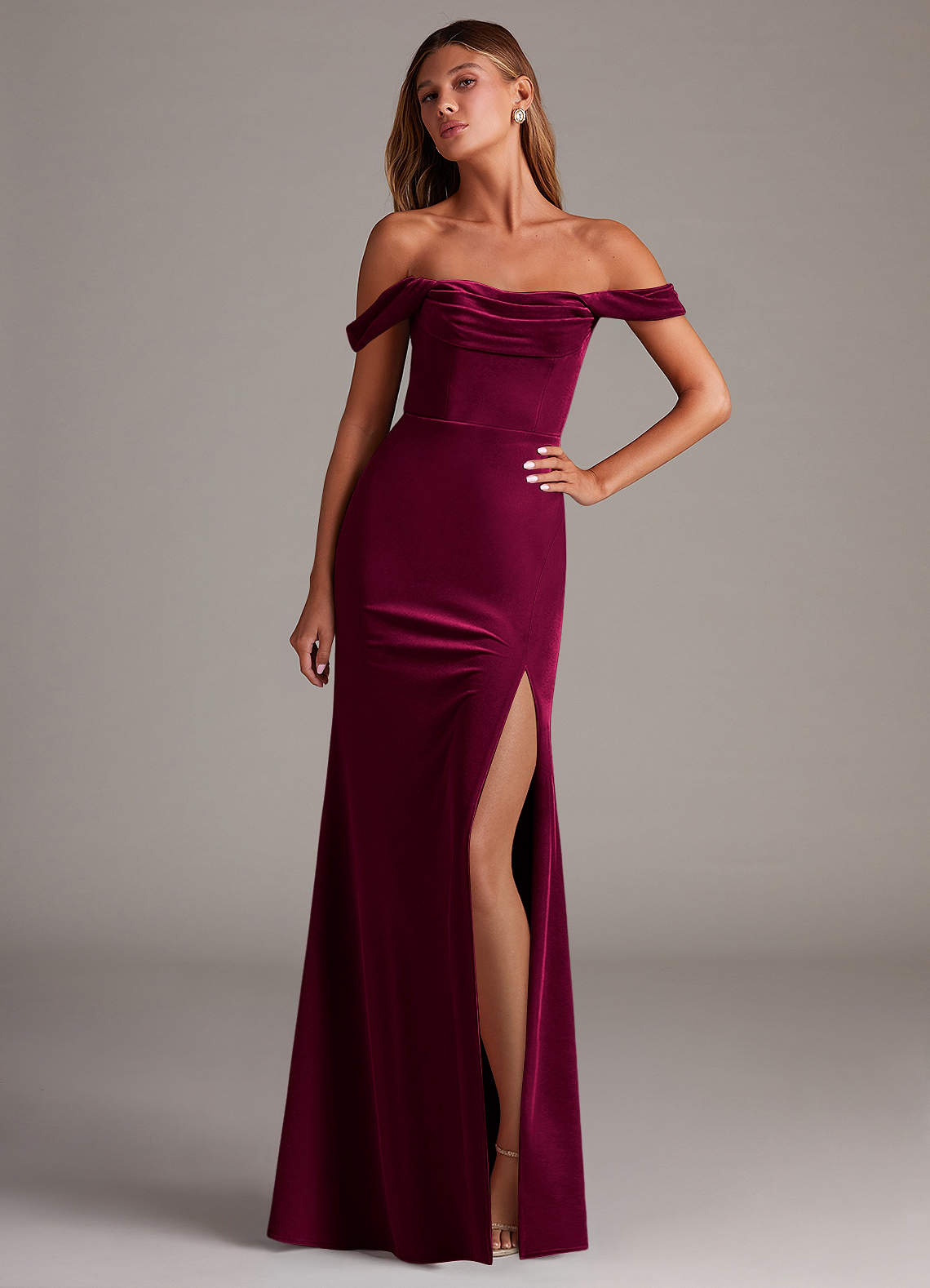 Azazie Saige Bridesmaid Dresses Cabernet Sheath Off the Shoulder Velvet Convertible Dress image1