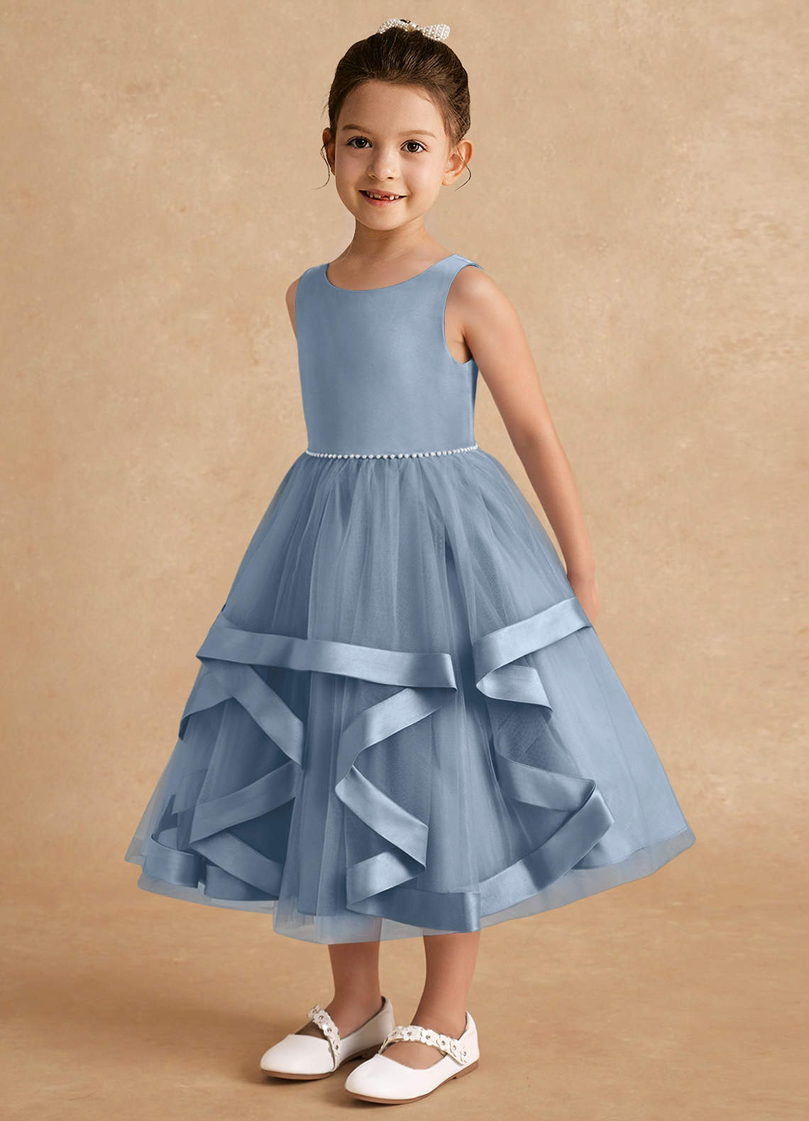Azazie Posy Flower Girl Dresses Dusty Blue A-Line Beaded Tulle Dress image2