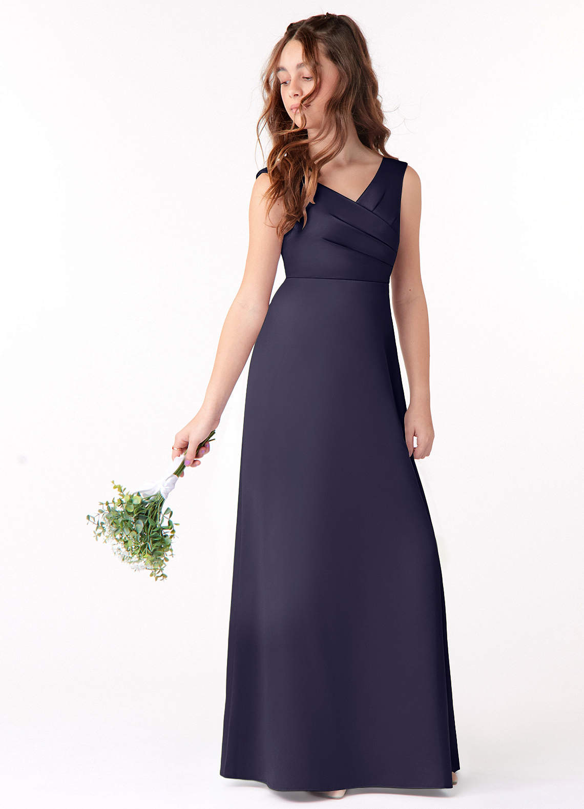 Azazie Sadia Junior Stormy A-Line Pleated Stretch Satin Dress image1