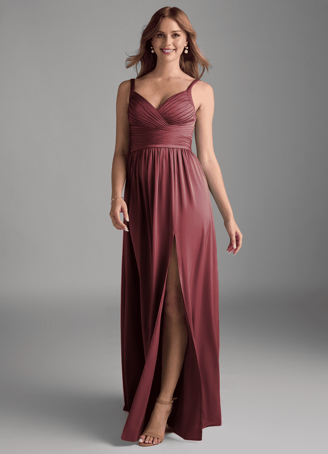 Azazie Chanel Bridesmaid Dresses Merlot A-Line Pleated Stretch Satin Dress image1