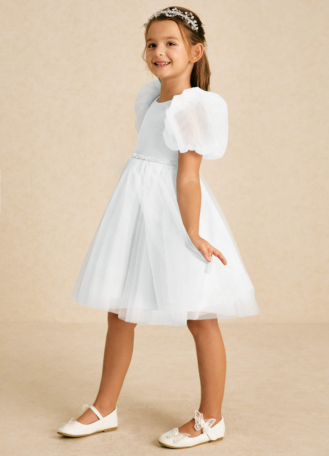 Azazie Blondie Flower Girl Dresses Diamond White A-Line with Sleeves Tulle Dress image1