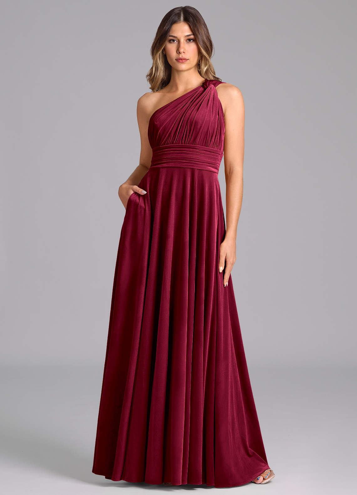 Azazie Charlize Bridesmaid Dresses Burgundy A-Line One Shoulder Velvet Dress image1