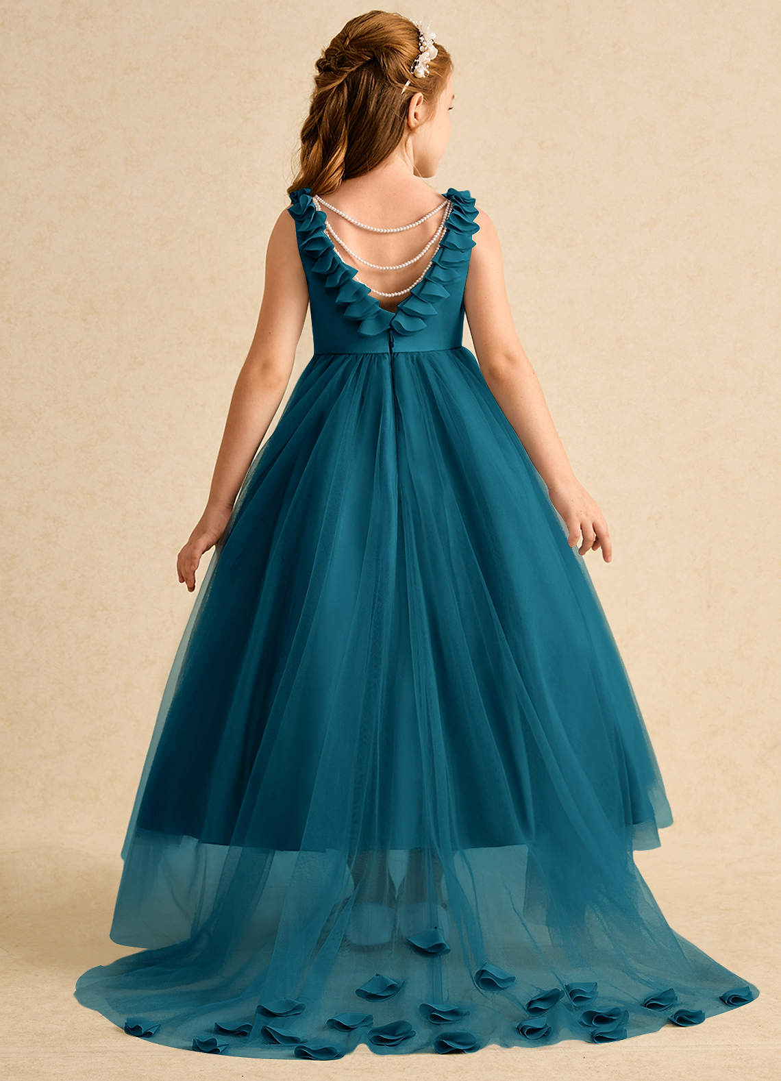 Azazie Lorita Flower Girl Dresses Ink Blue A-Line Beaded Tulle Dress image1