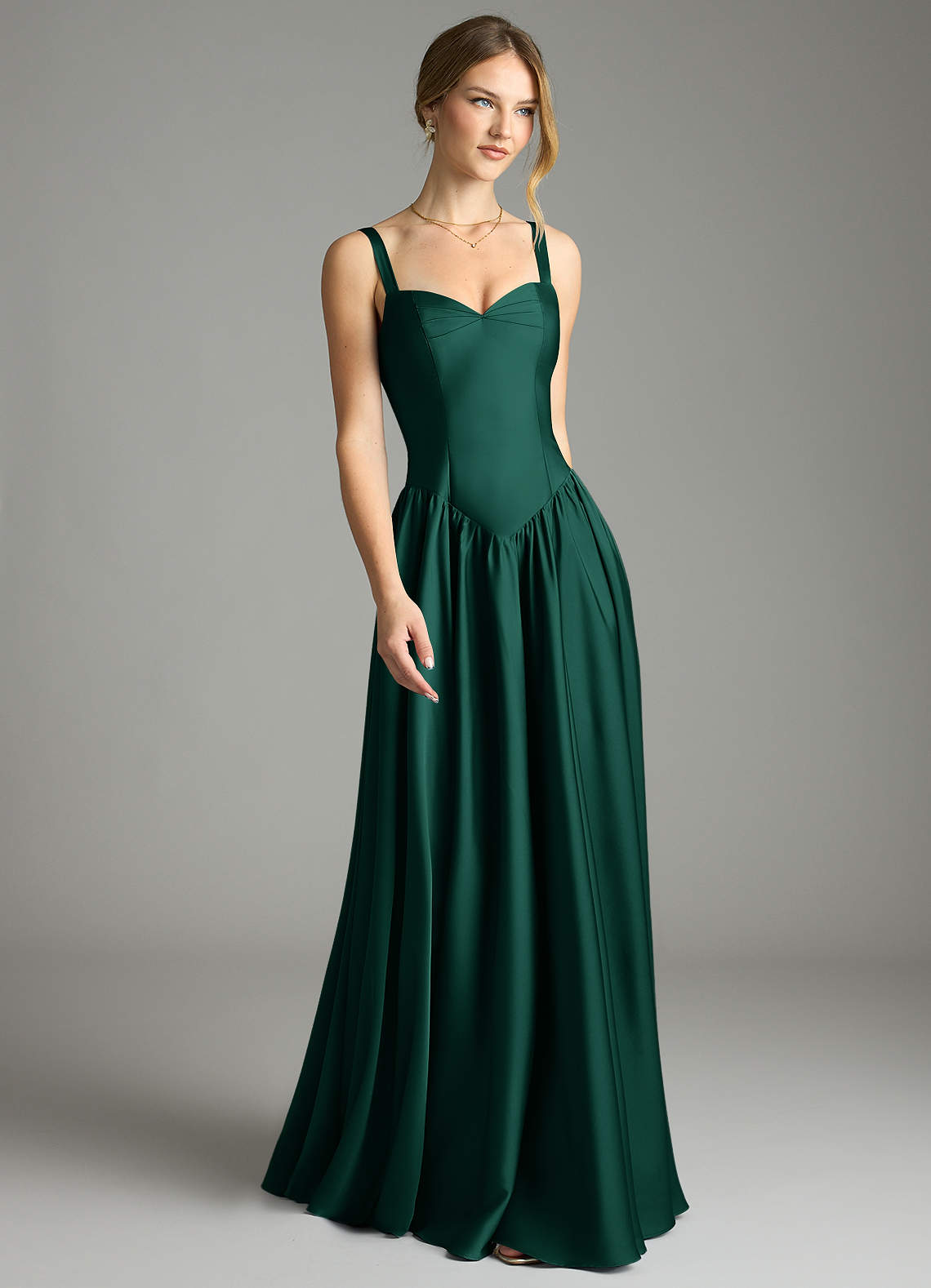 Azazie Evadina Bridesmaid Dresses Emerald A-Line Corset Stretch Satin Dress image1