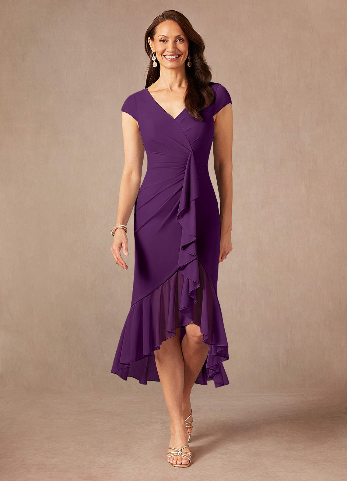 Azazie Renetta Mother of the Bride Dresses Grape Sheath V-Neck Pleated Mesh Dress image1