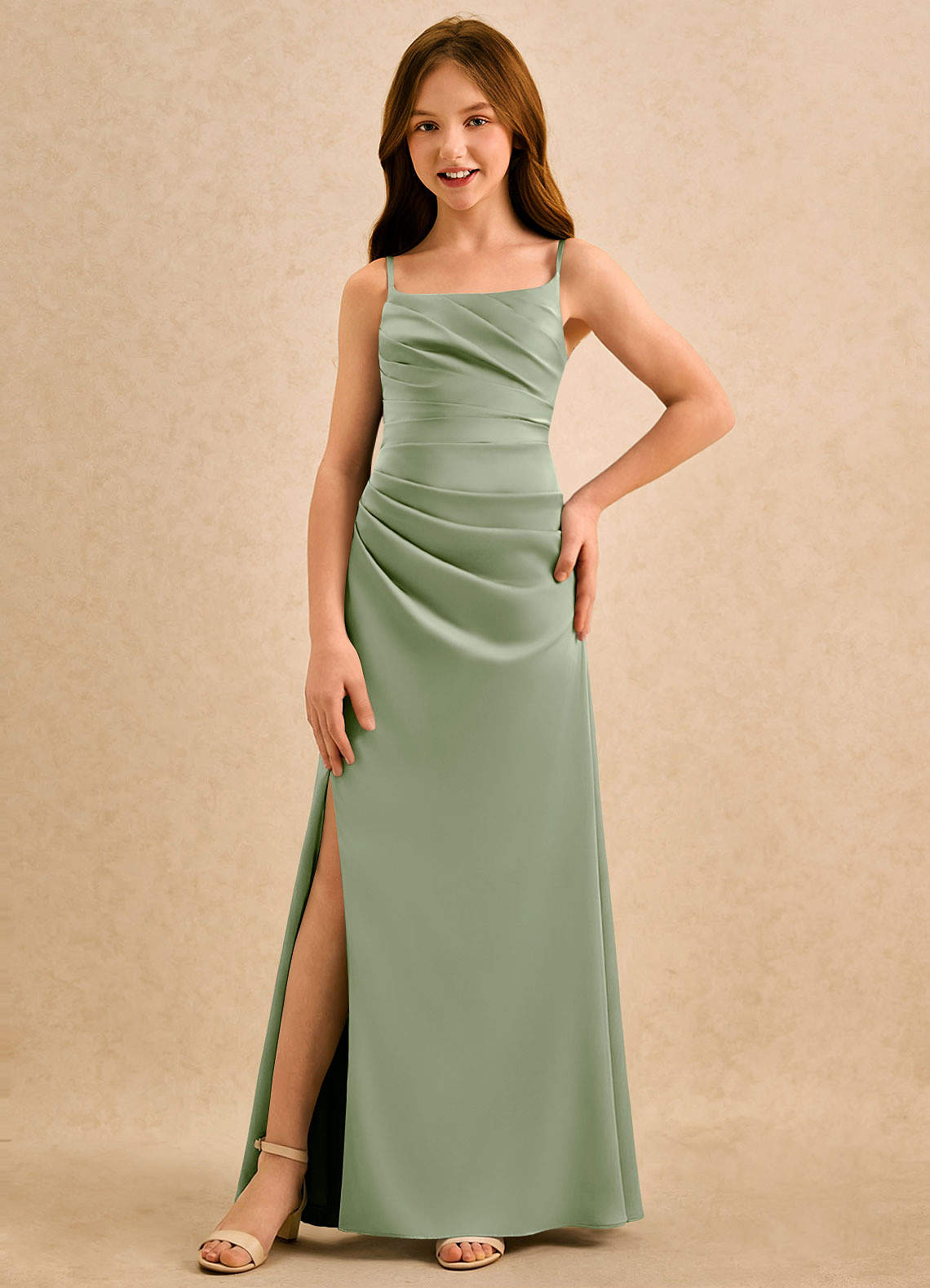 Azazie Cannoli Girls Formal Abiti da Ragazza di Fiori Abito A-Line in Raso Elasticizzato Plissettato Verde Salvia image2