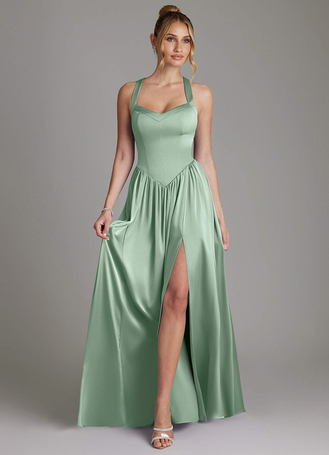 Azazie Francis Kleider zum Anprobieren zu Hause A-Linie Korsett Stretch-Satin Kleid Agave image2