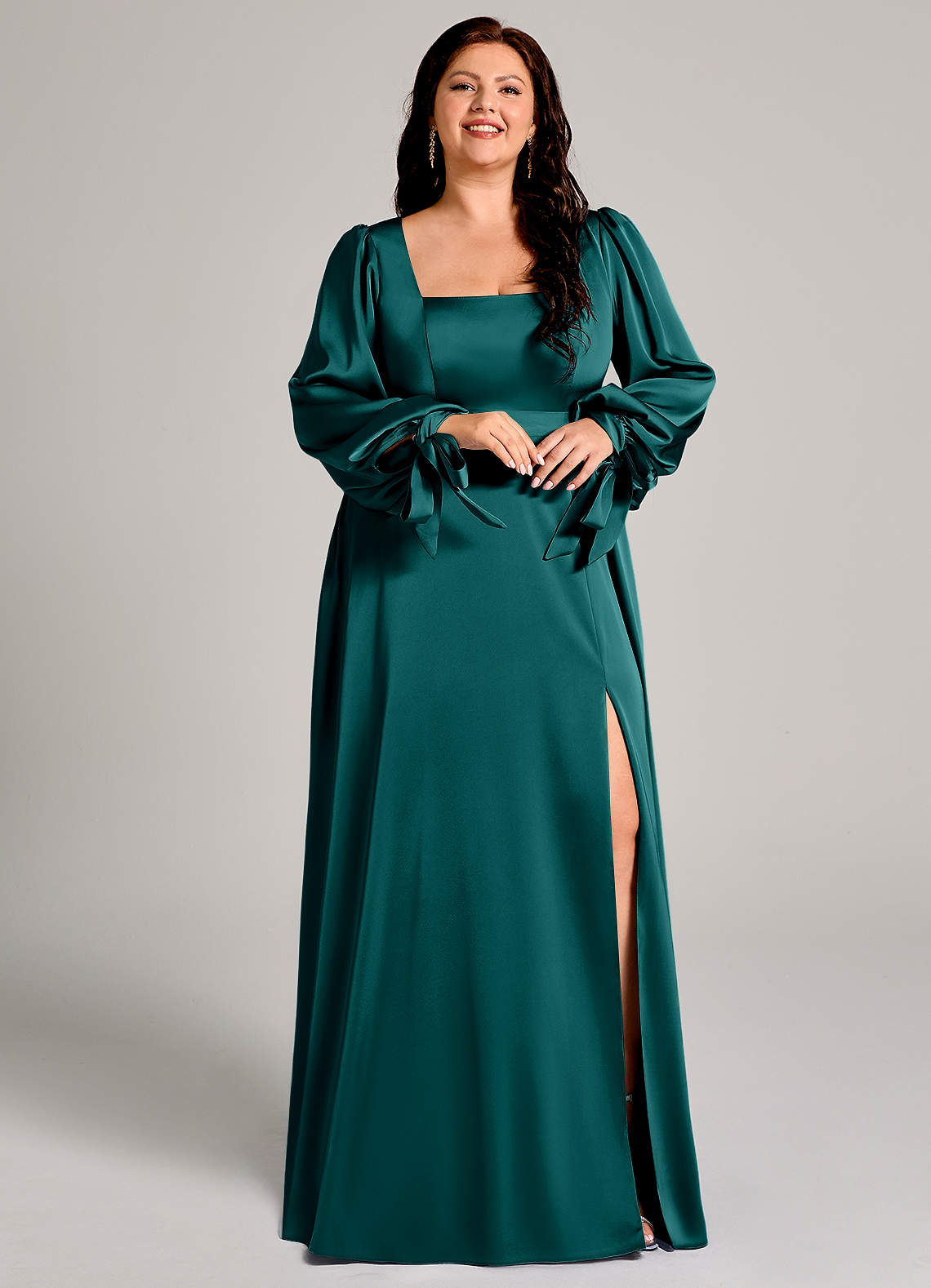 teal satin dress with sleeves Morilee Bridesmaid 31221 Luxe Satin Long Bishop Sleeve Dress