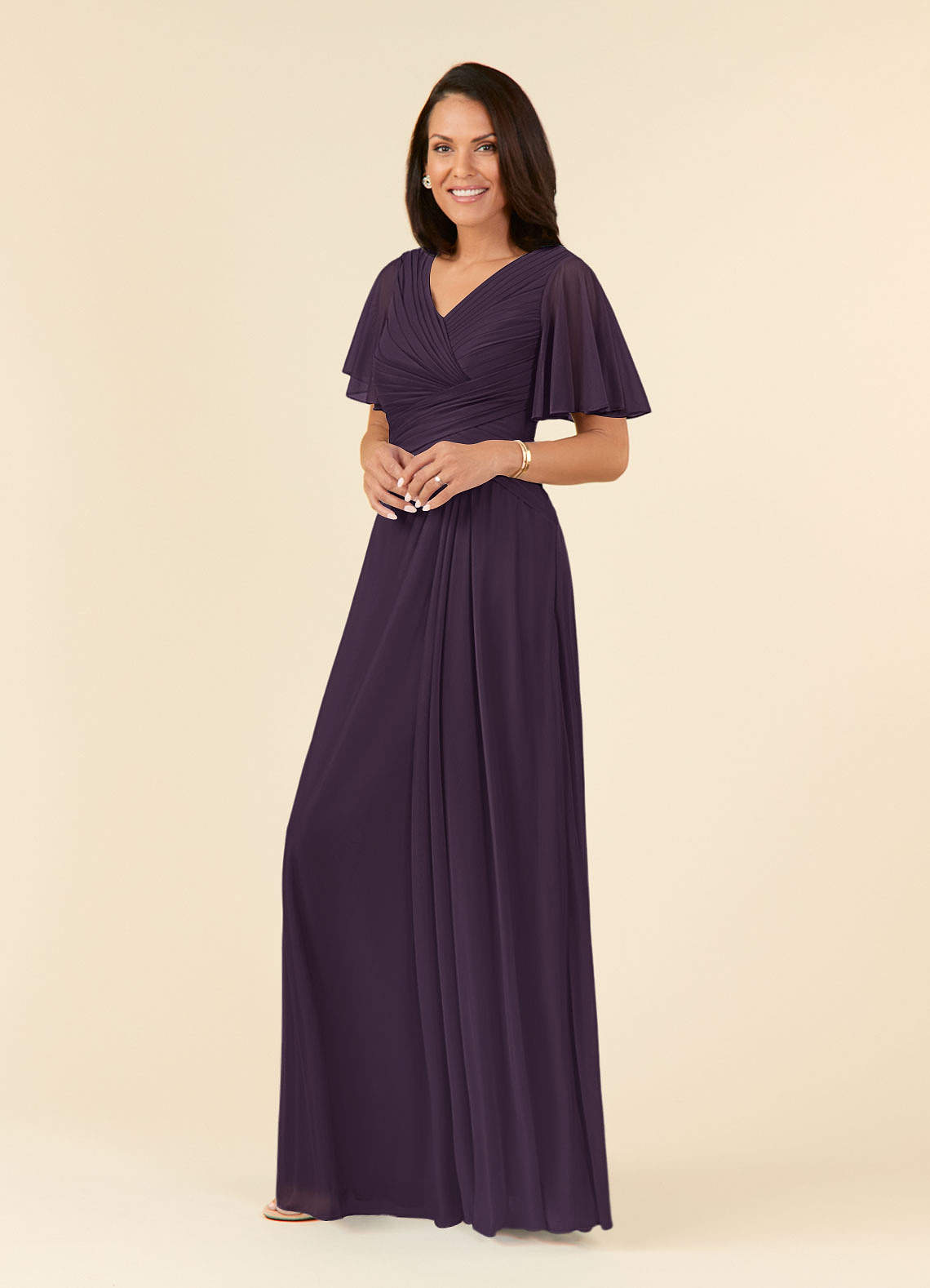 Azazie Emmeline Mother of the Bride Dresses Plum A-Line V-Neck Pleated Mesh Dress image2