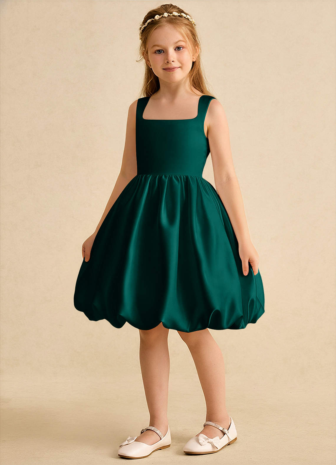 Azazie Nirvana Robe Demoiselle D'honneur Fillette Robe Princesse en Mat Satiné Rayé Vert Pin image4