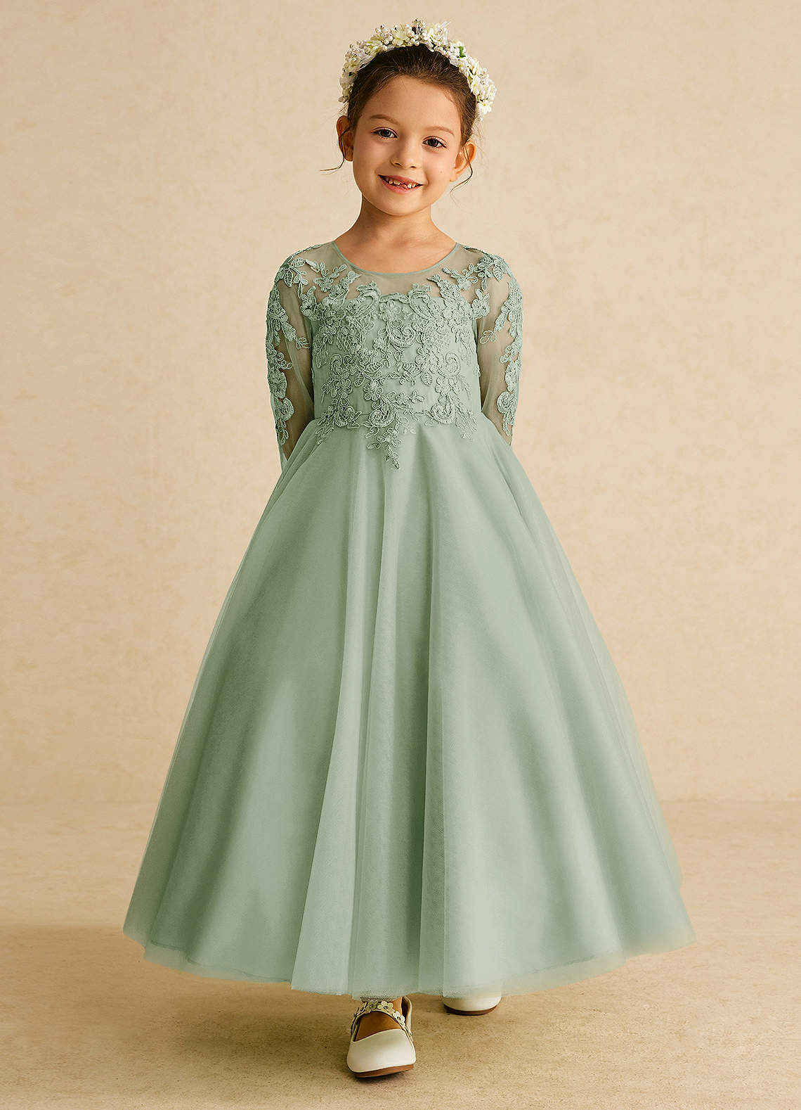 Azazie Precious Flower Girl Dresses Dusty Sage A-Line Lace Tulle Dress image3
