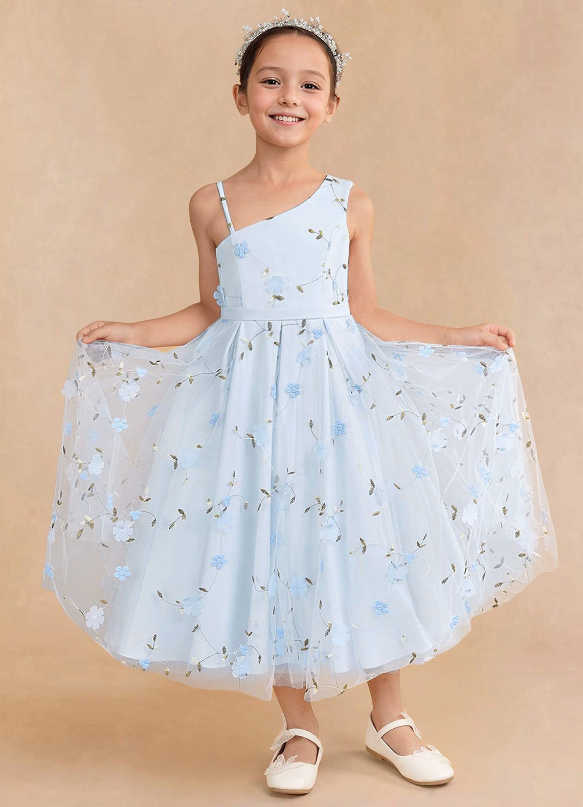Azazie Ivilia Blumenmädchenkleider A-Linie One-Shoulder Tüll Kleid Himmelblau image1