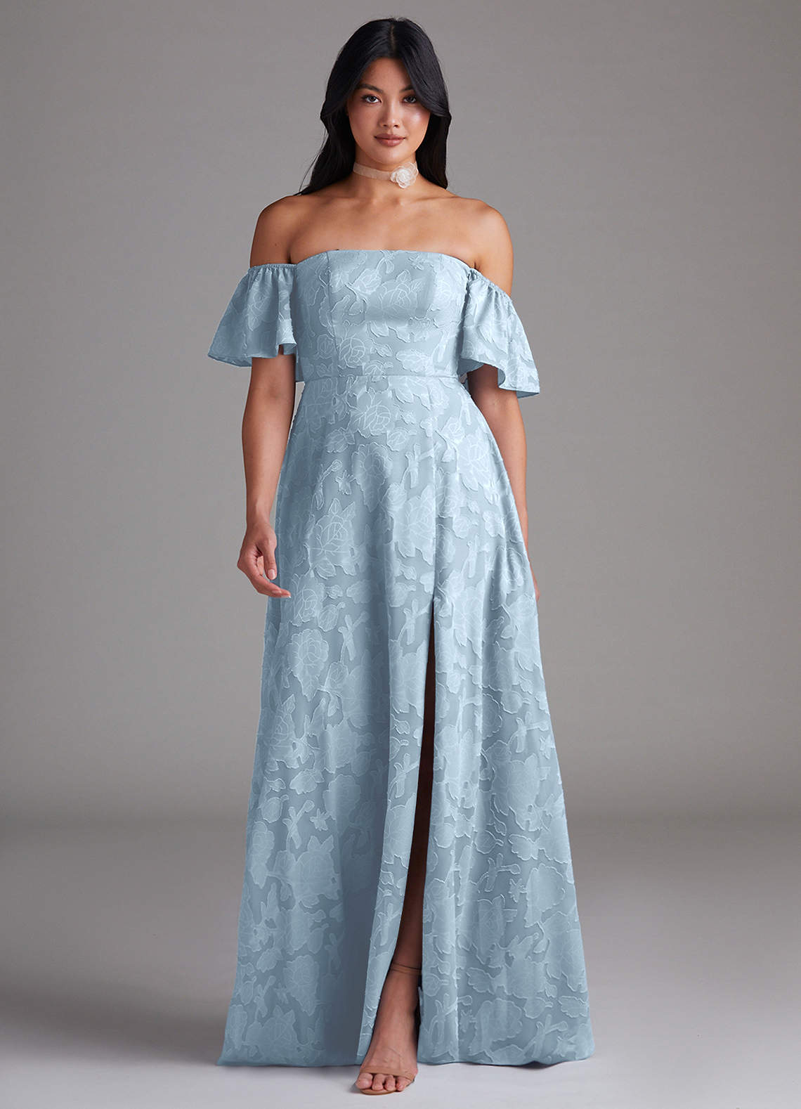 Azazie Sue Brautjungfernkleider Wandelbar A-Linie Schulterfrei Blumen-Burnout Kleid Himmelblau image1