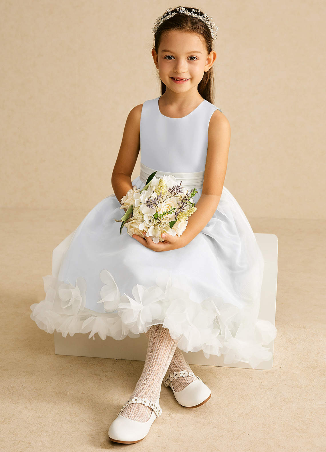 Azazie Stardust Flower Girl Dresses White A-Line Sleeveless Organza Dress image1
