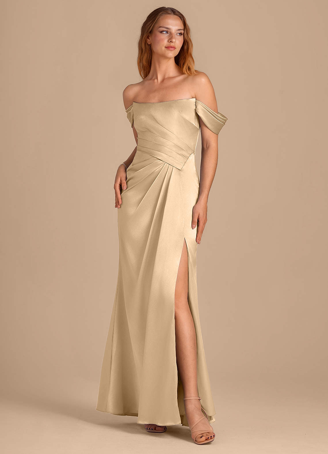 Azazie Shea Bridesmaid Dresses Gold Mermaid Off the Shoulder Metallic Satin Convertible Dress image1