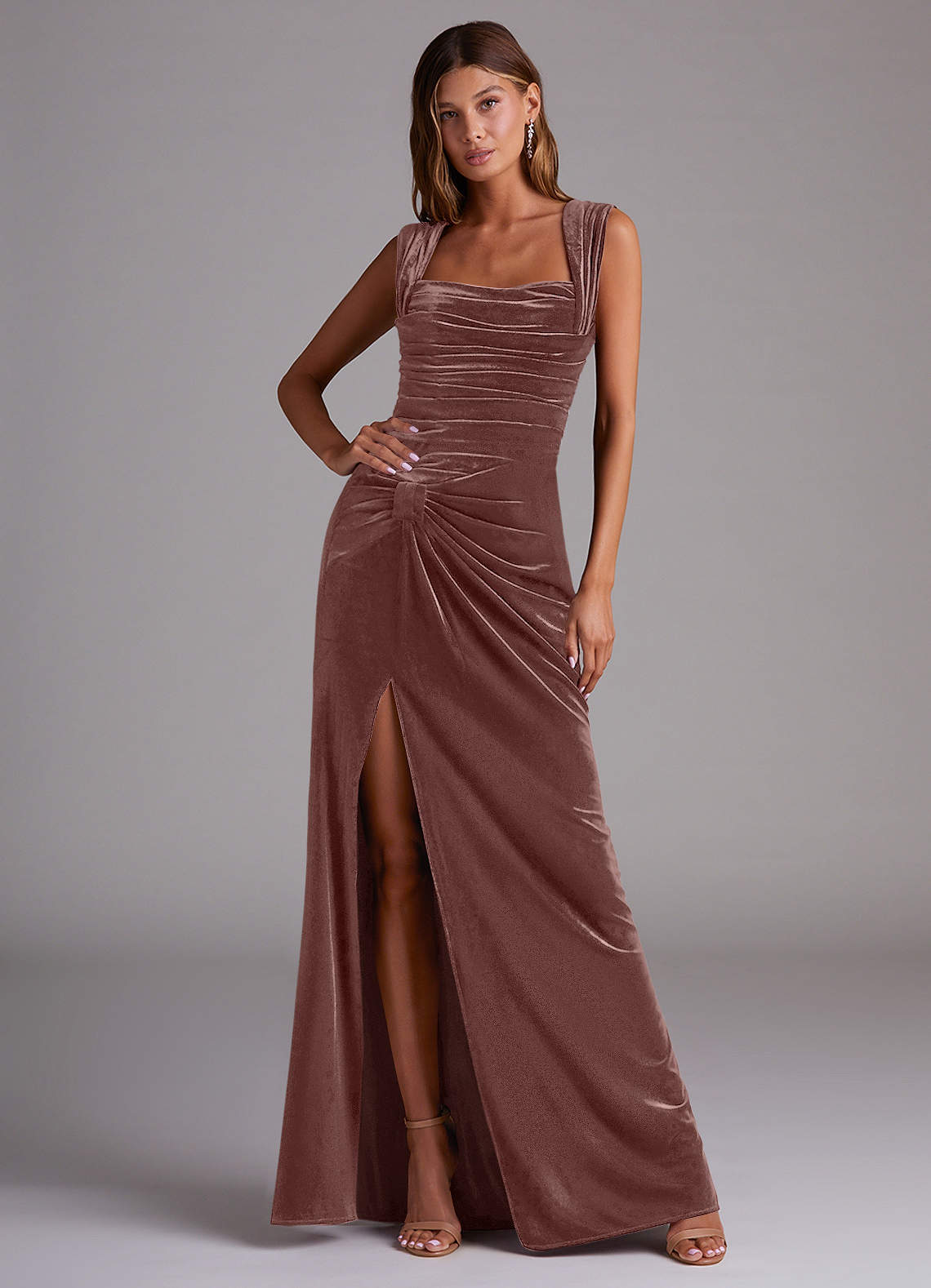 Azazie Genesis Bridesmaid Dresses Espresso Sheath Pleated Velvet Dress image1