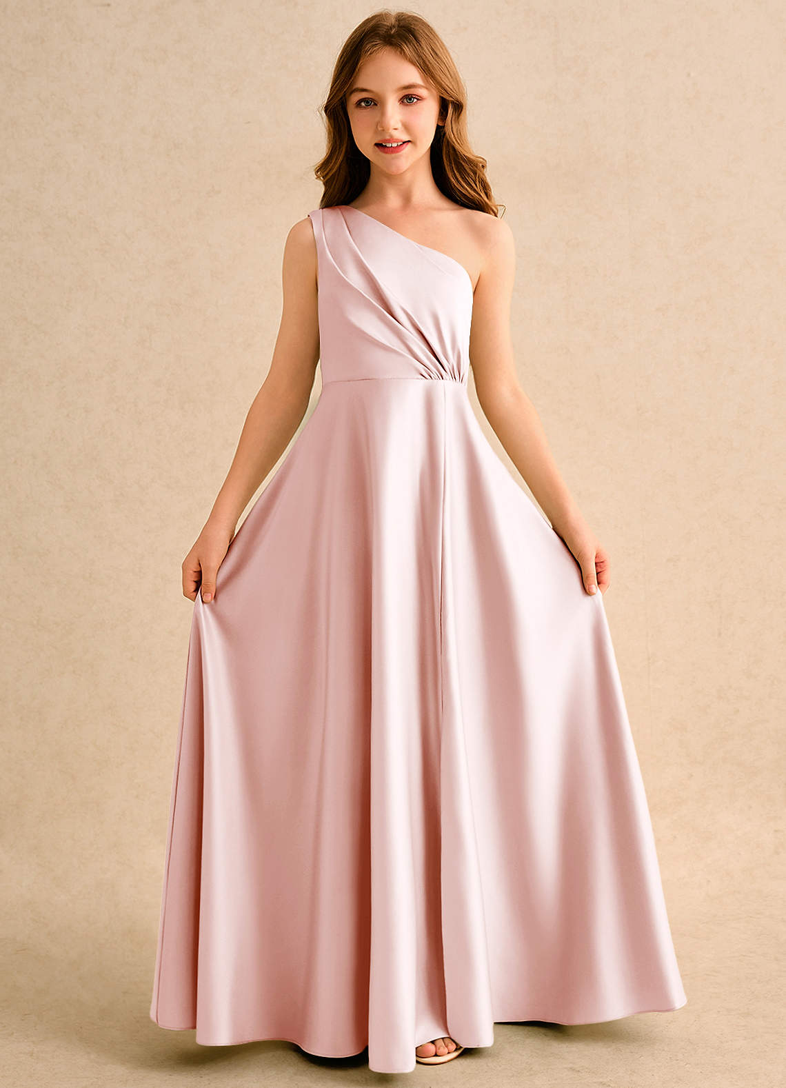 Azazie Puddles Girls Formal Sukienki dla dziewczynek sypiących kwiaty Linia A Jedno ramię Matowy satynowy Długość podłogi Sukienka image4