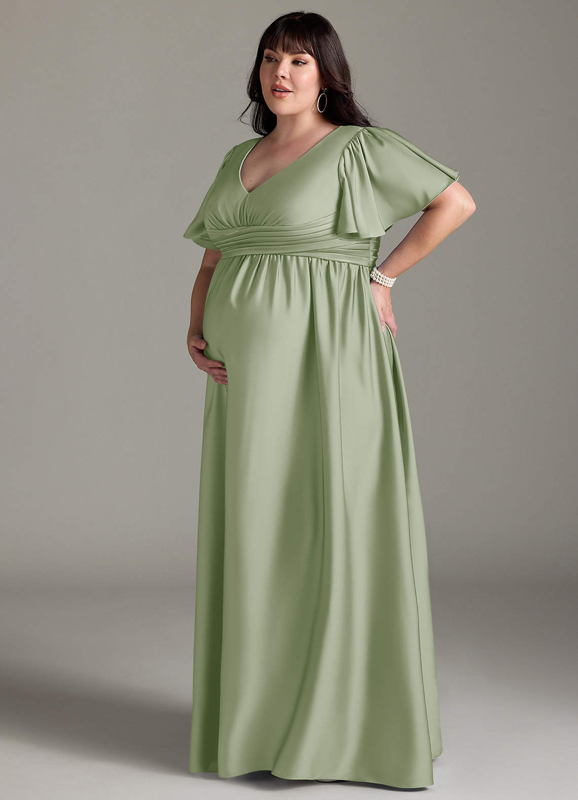 Azazie Verna vestidos de dama de honor de maternidad Vestido de Corte En A Volante Hasta el suelo Satén Elástico image13