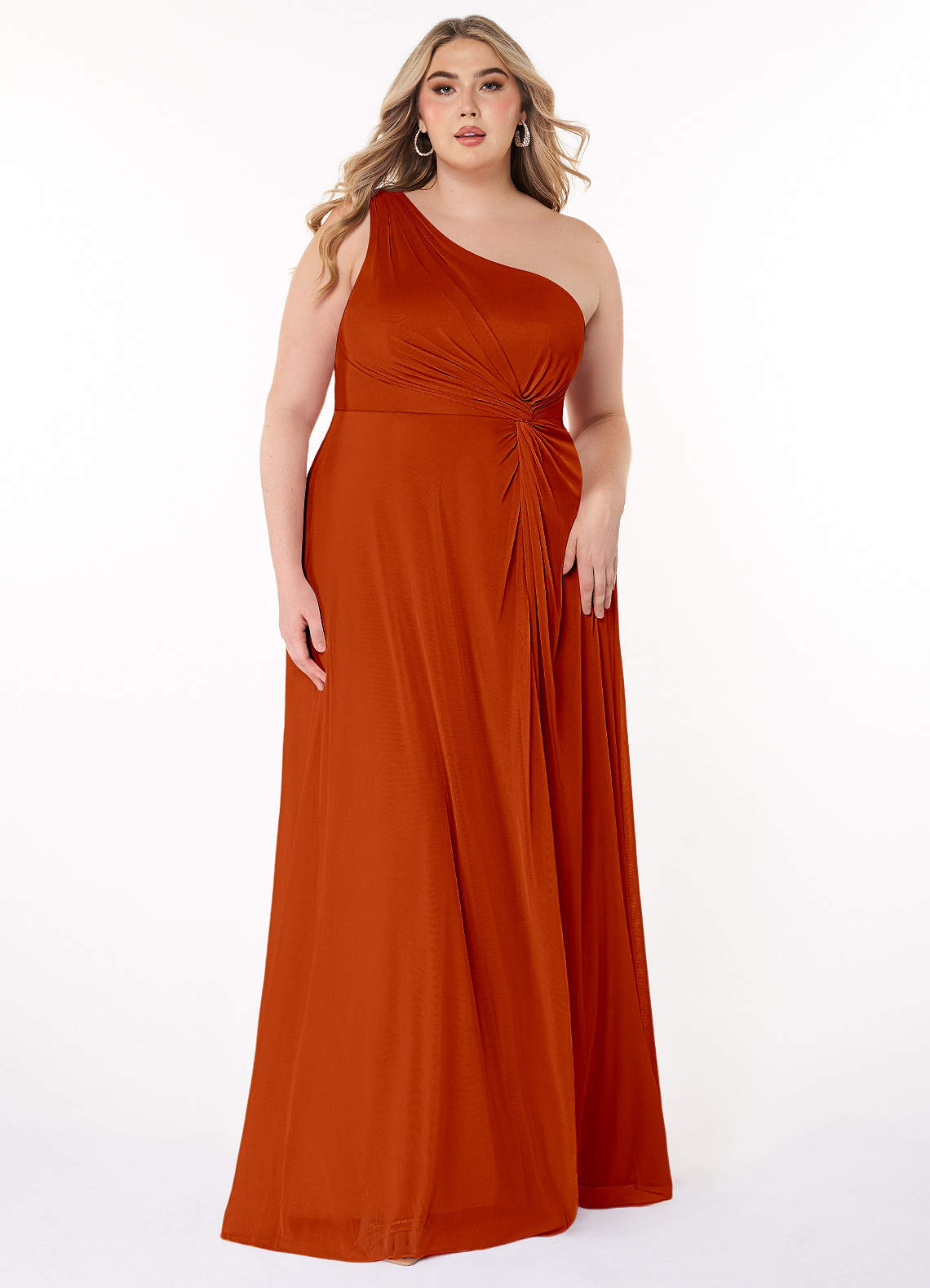 Azazie Brooke Bridesmaid Dresses Paprika A-Line One Shoulder Mesh Dress image1