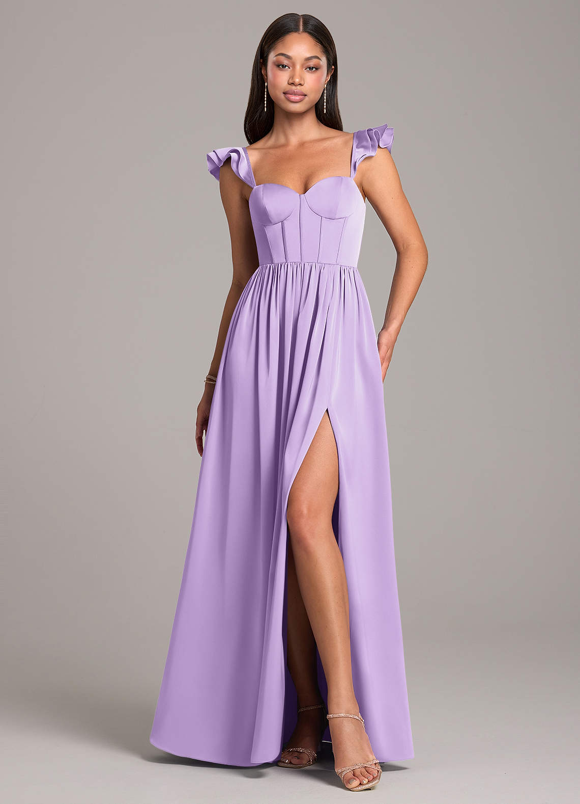 Azazie Denisse Bridesmaid Dresses Lilac A-Line Ruched Stretch Satin Dress image1