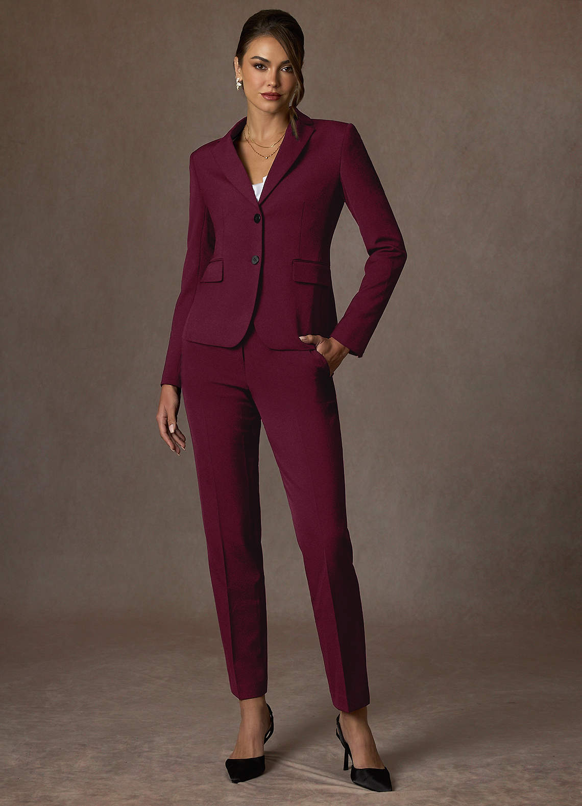 front Whitney Burgundy Structured Stretch Blazer