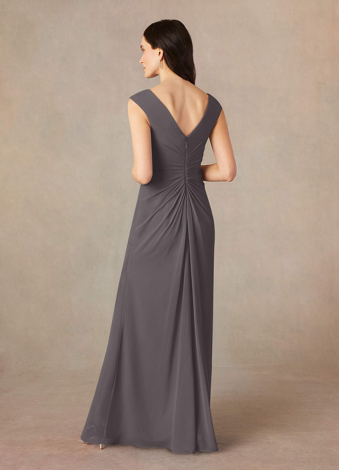 Azazie Sally Steel Grey A-Line V-Neck Pleated Chiffon Dress Ready