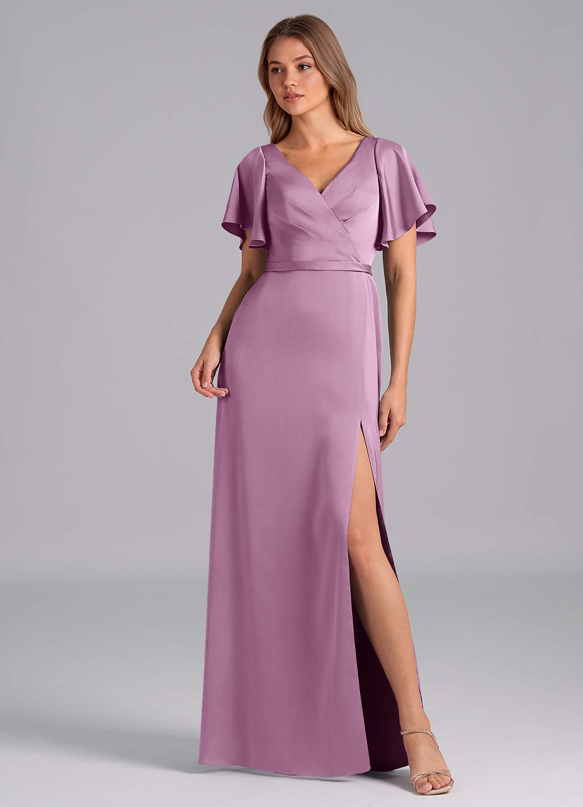 Azazie Ambrosia Bridesmaid Dresses Wisteria A-Line Pleated Stretch Satin Dress image1