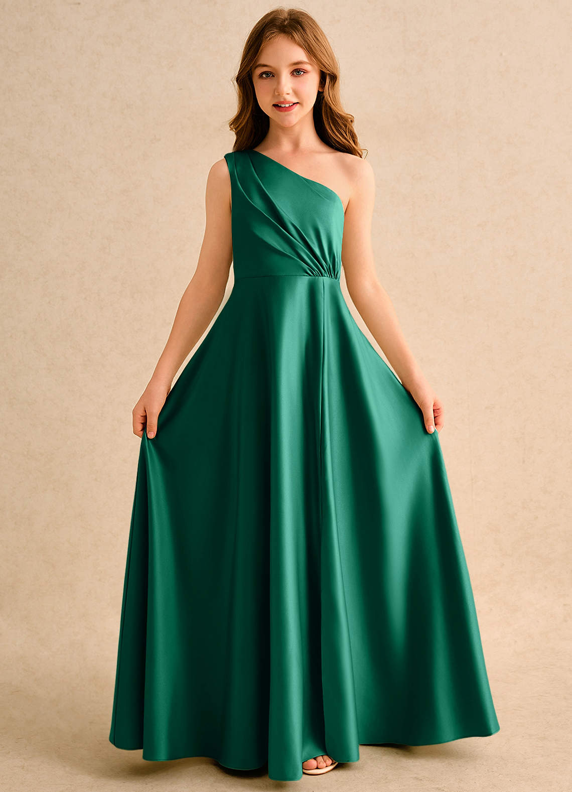 Azazie Puddles Girls Formal Blumenmädchenkleider A-Linie One-Shoulder Matte Satin Kleid Smaragd image4