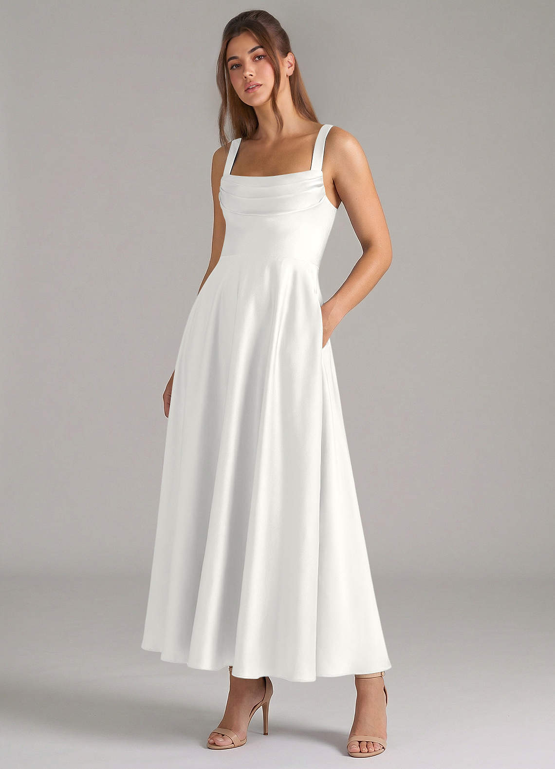 Azazie Shaude Bridesmaid Dresses White A-Line Pleated Stretch Satin Dress image4