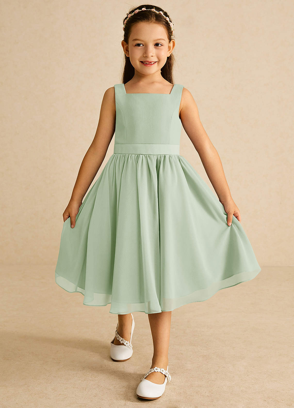 Azazie Ari Flower Girl Dresses Dusty Sage A-Line Sleeveless Chiffon Dress image1