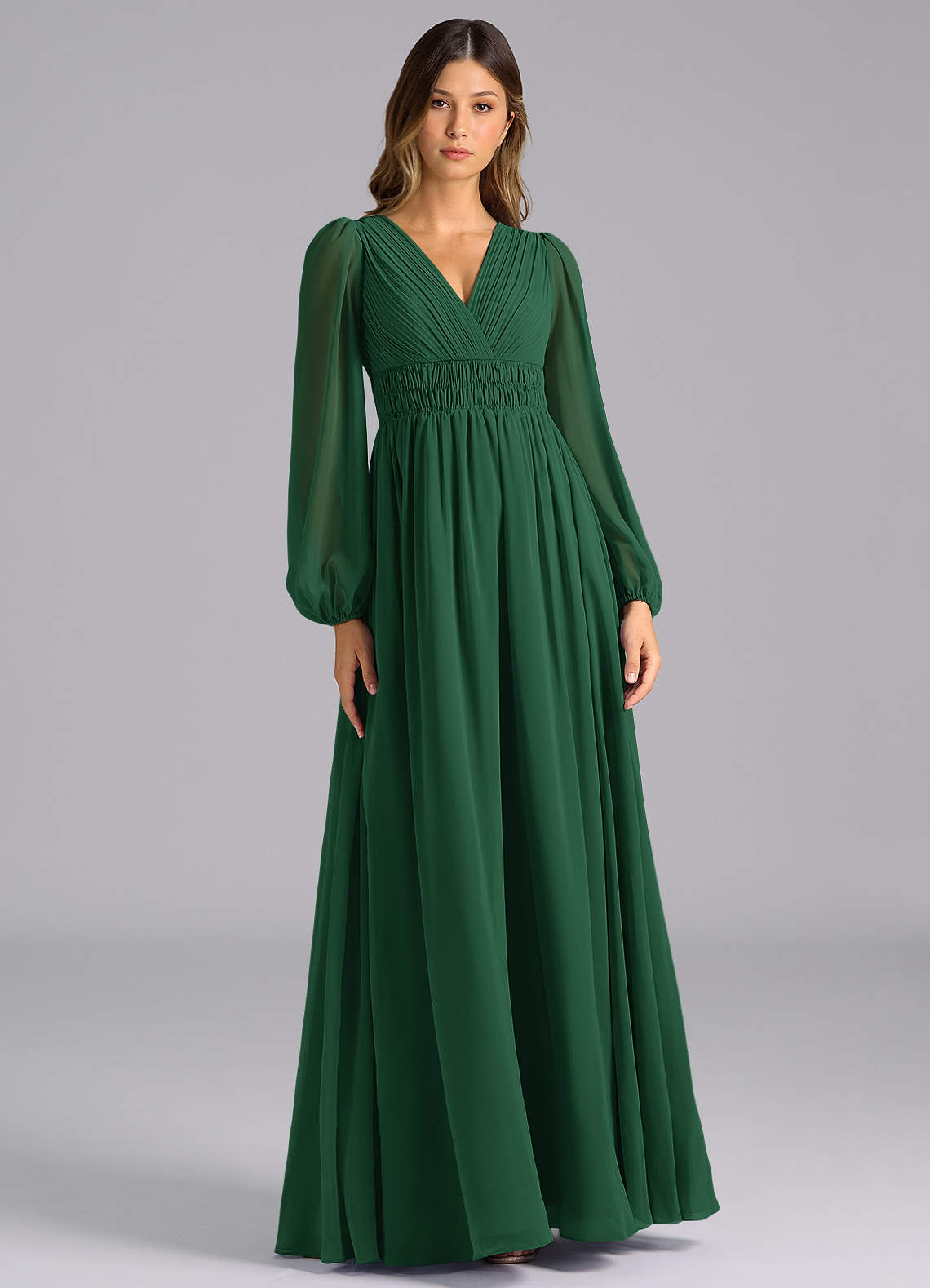 Azazie Palerma Bridesmaid Dresses Dark Green A-Line Long Sleeve Chiffon Dress image1