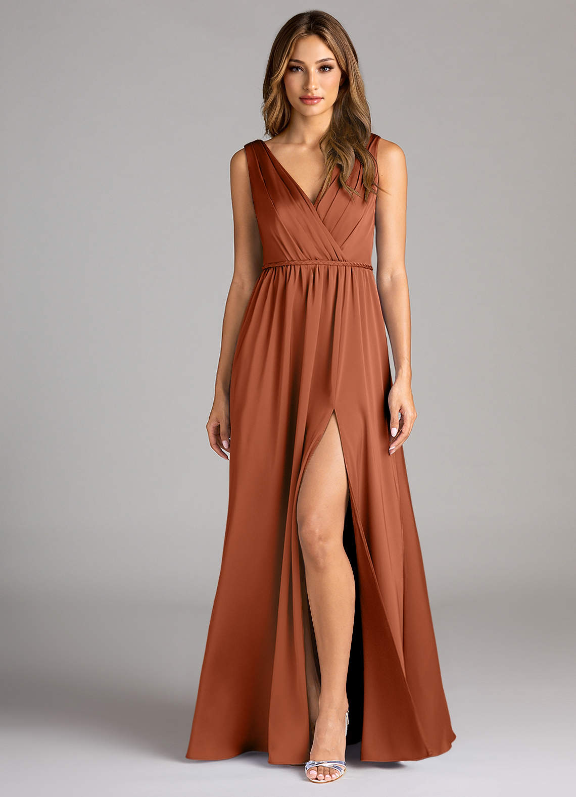 Azazie Tanicia Bridesmaid Dresses Cedar Rose A-Line Pleated Stretch Satin Dress image1
