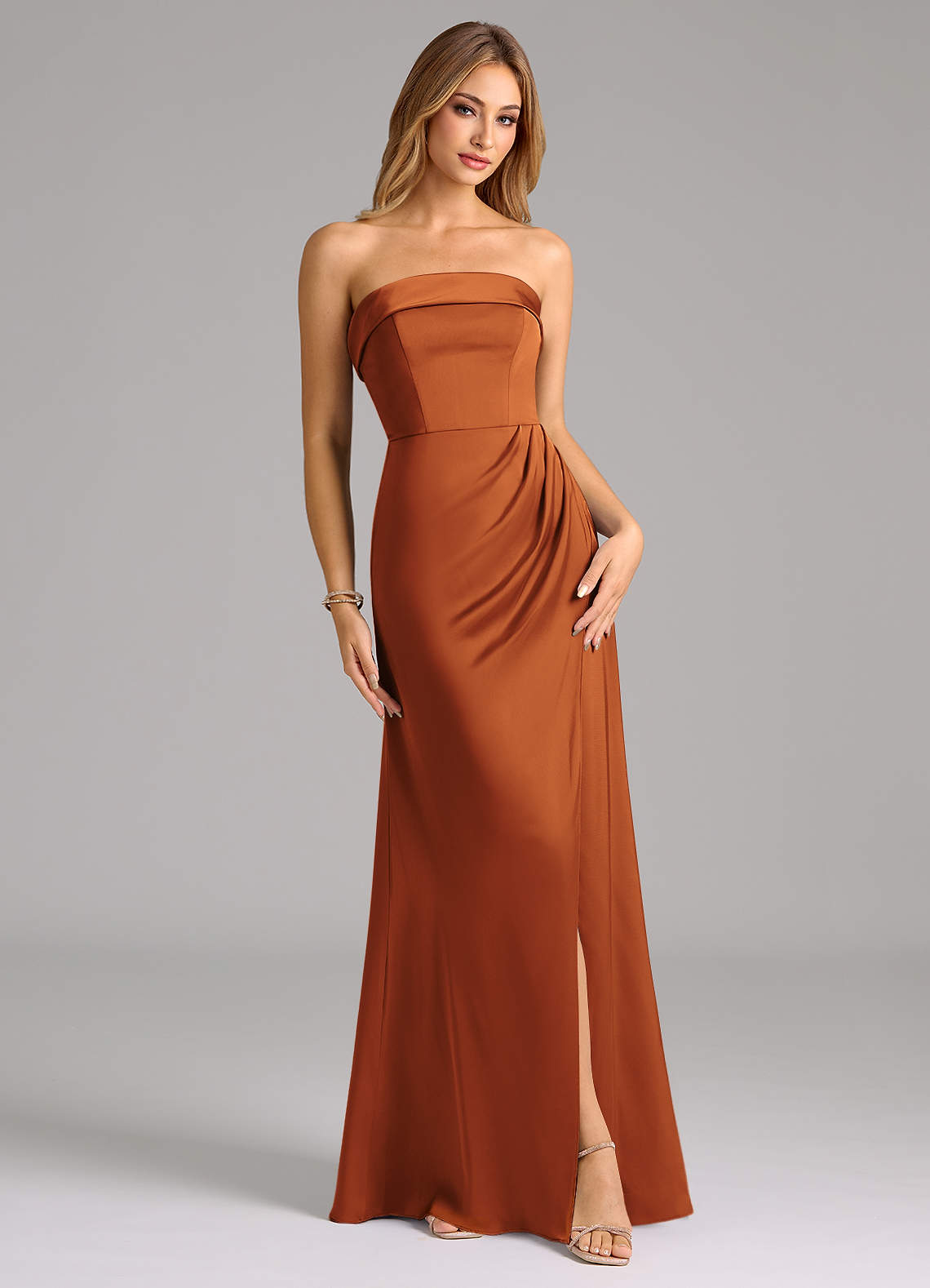Azazie Aretha Bridesmaid Dresses Cinnamon A-Line Strapless Stretch Satin Convertible Dress image1