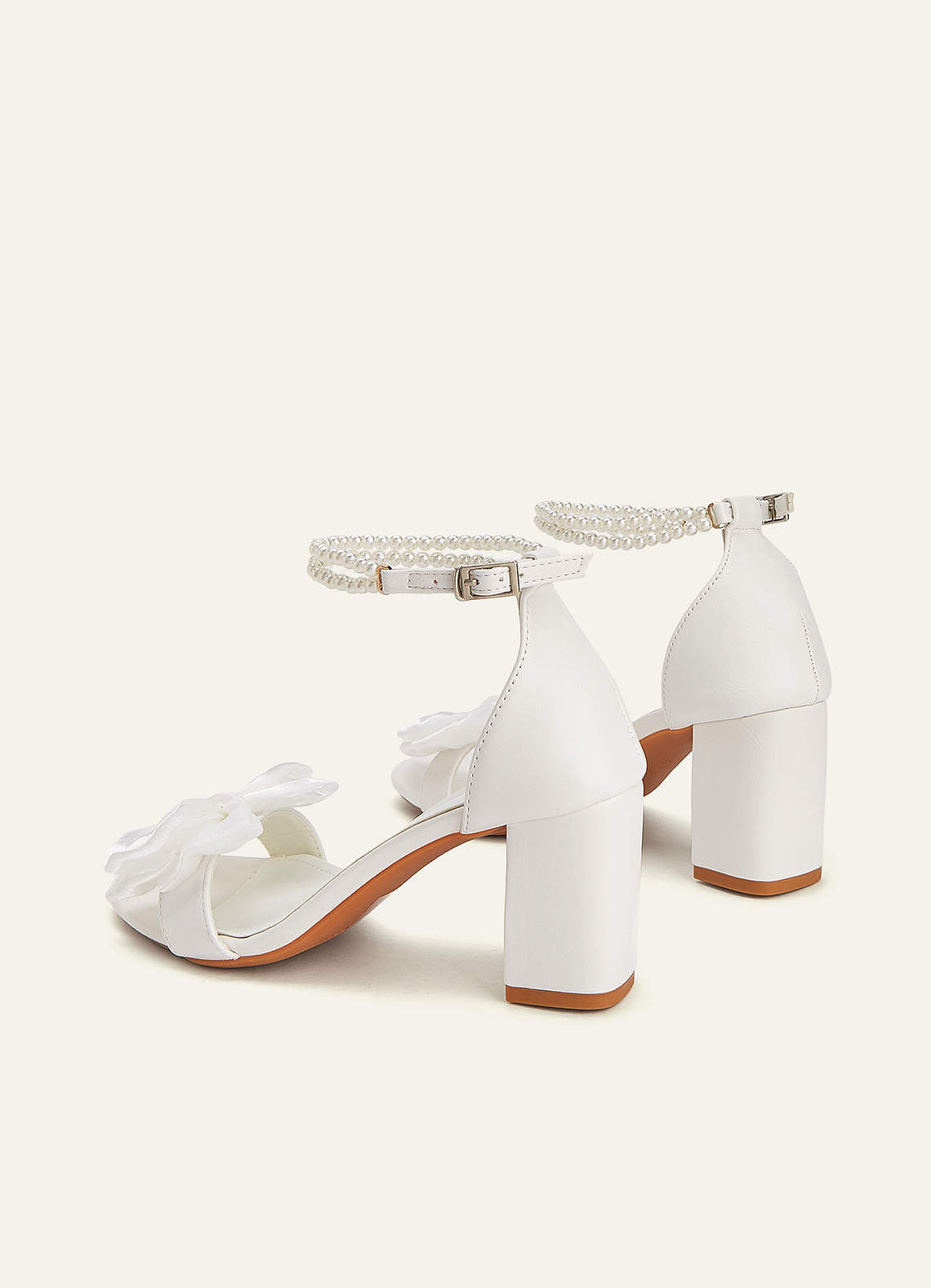 front Satin Bow & Pearl Ankle Strap Block Heel Sandals