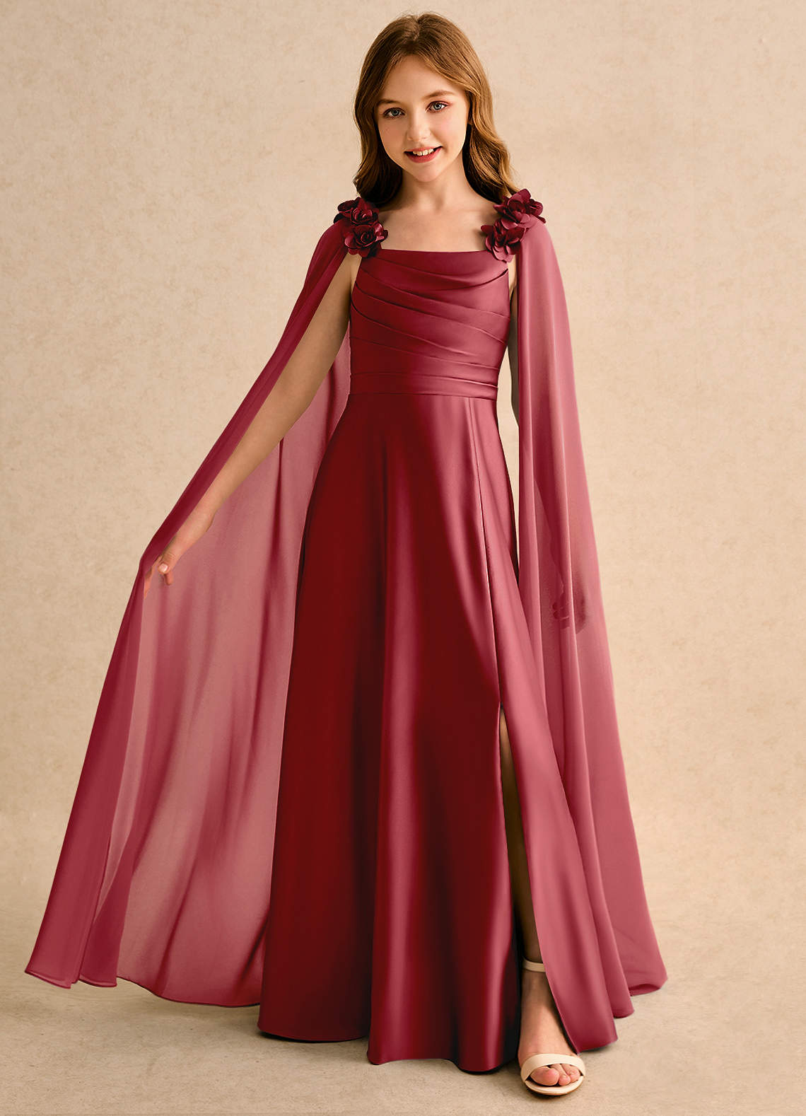 Azazie Rosita Girls Formal Pomegranate A-Line Pleated Matte Satin Dress |  Azazie